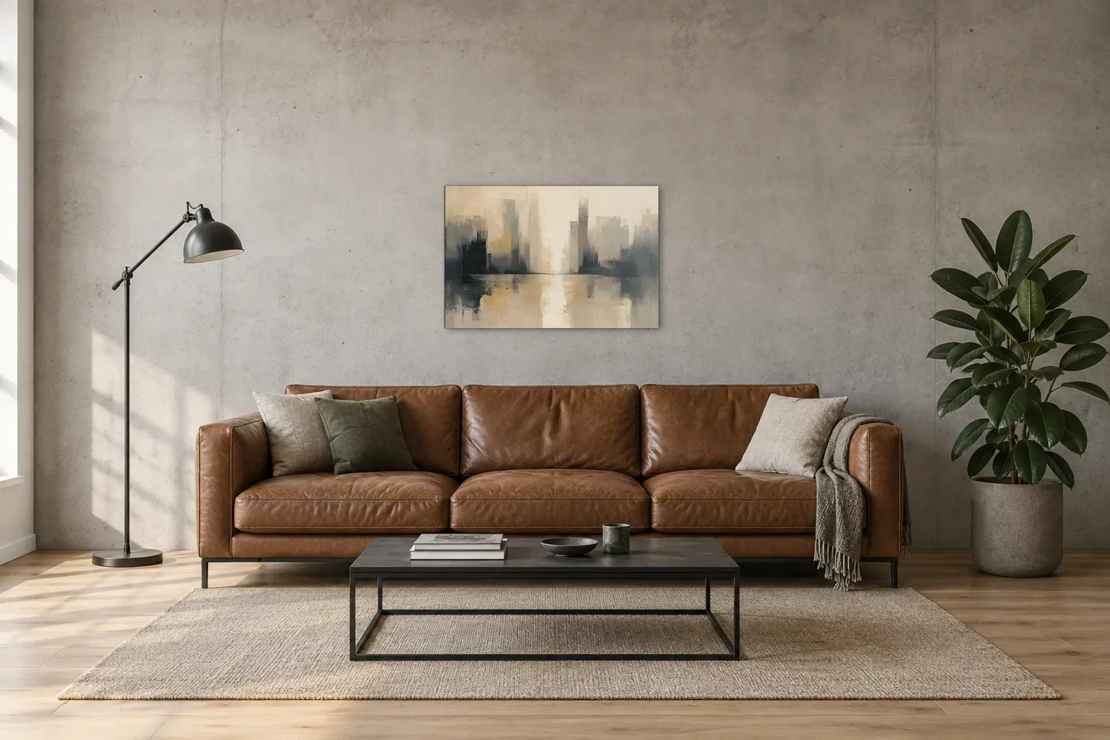 Skyline Beige als Wandbild über einem 220-cm-Sofa