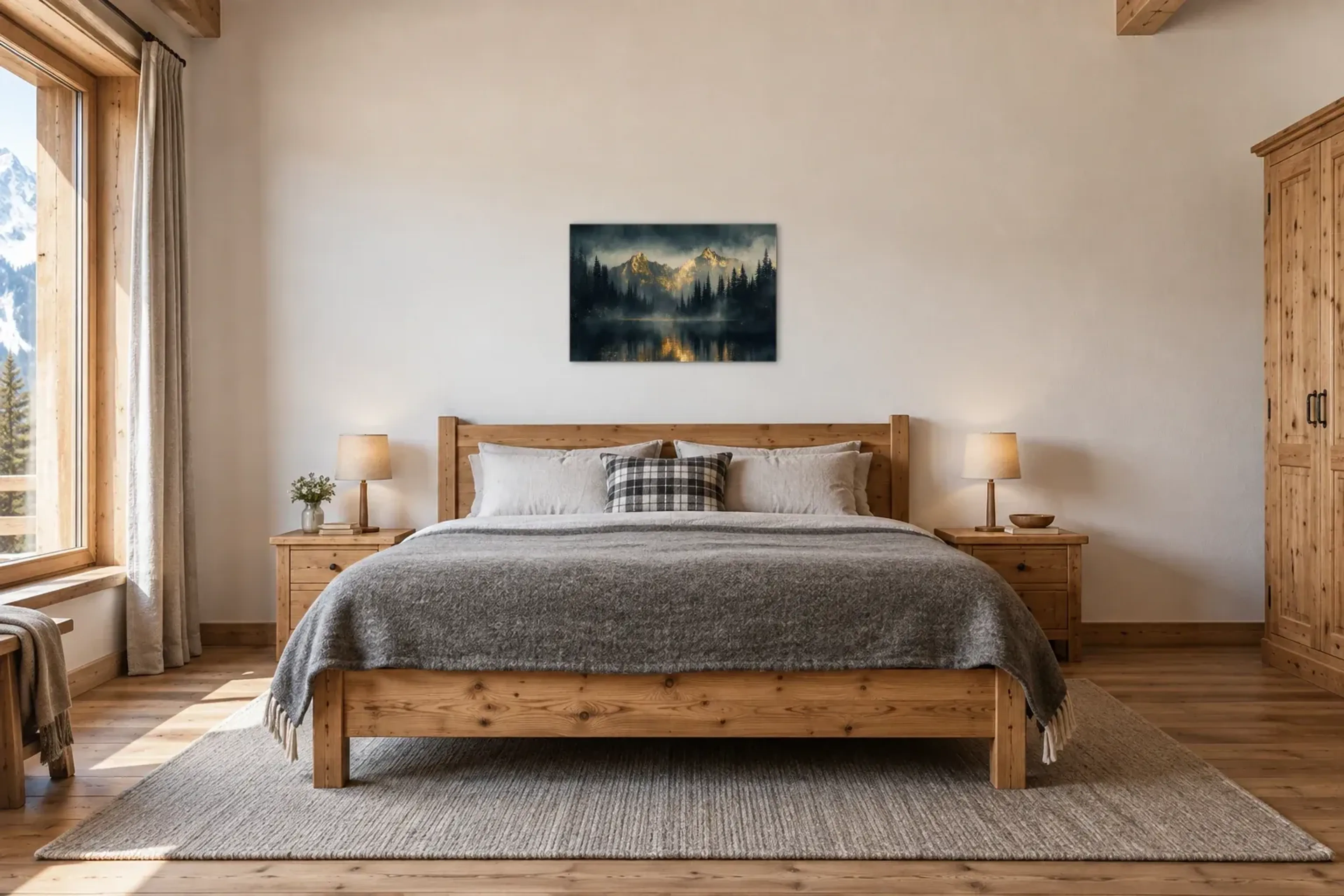 Goldener Berg als Wandbild über einem 180-cm-Bett