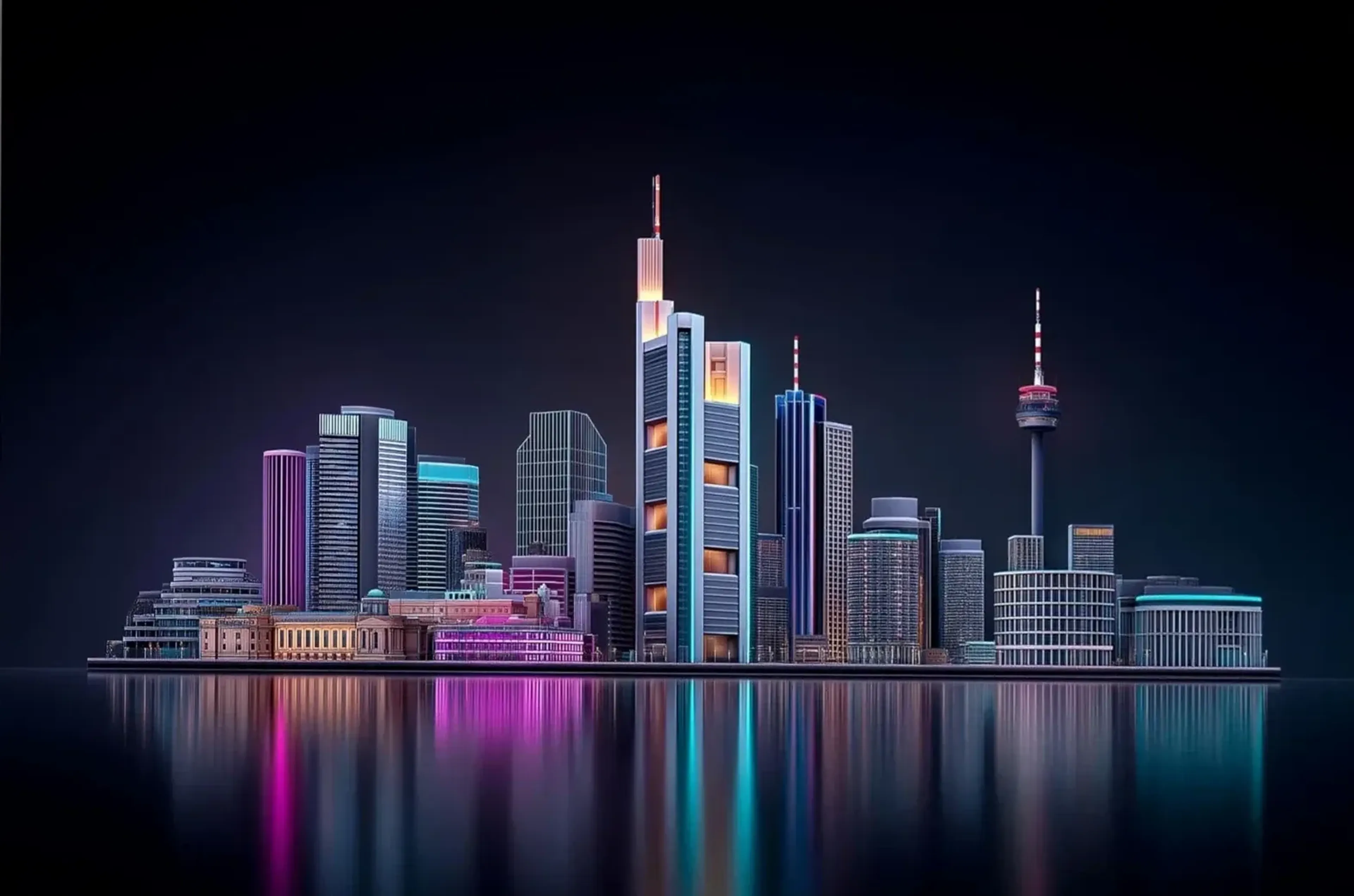 Frankfurter Skyline vor schwarzem Hintergrund mit türkisen, pinken und gelben Lichtern und Spiegelungen.