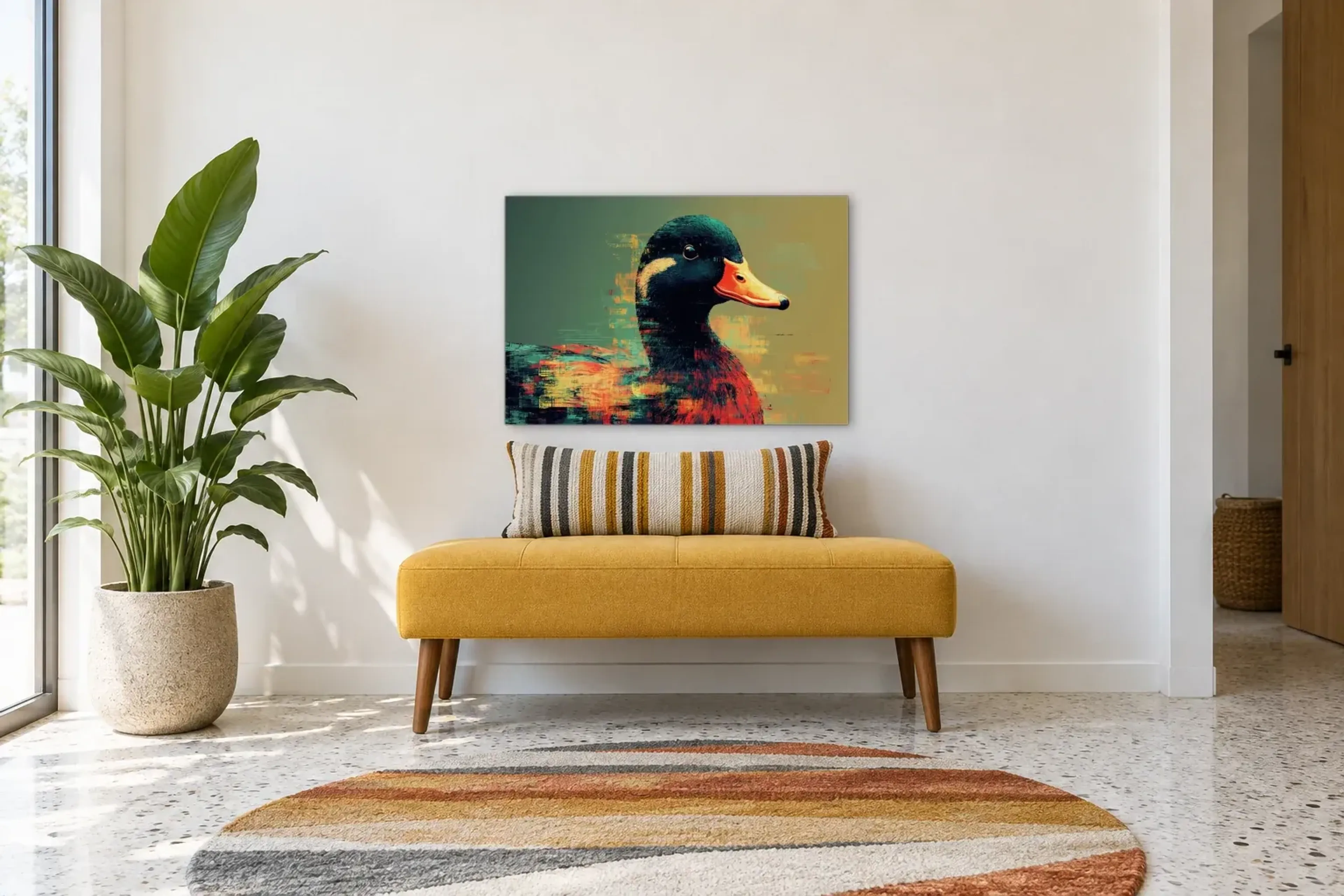 Ente im Farbporträt als Wandbild über einer 120-cm-Bank