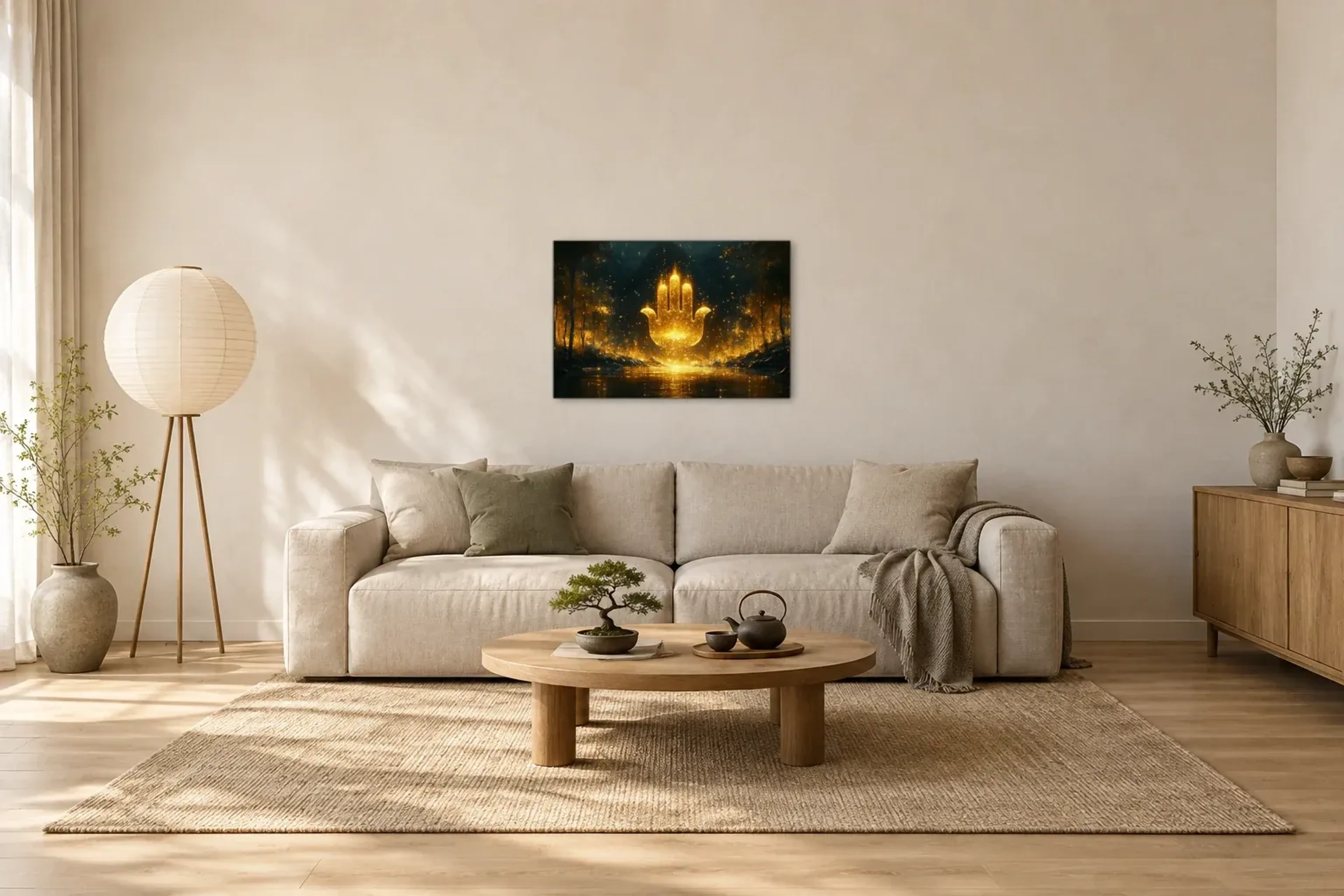 Hand des Lichts als Wandbild über einem 220-cm-Sofa