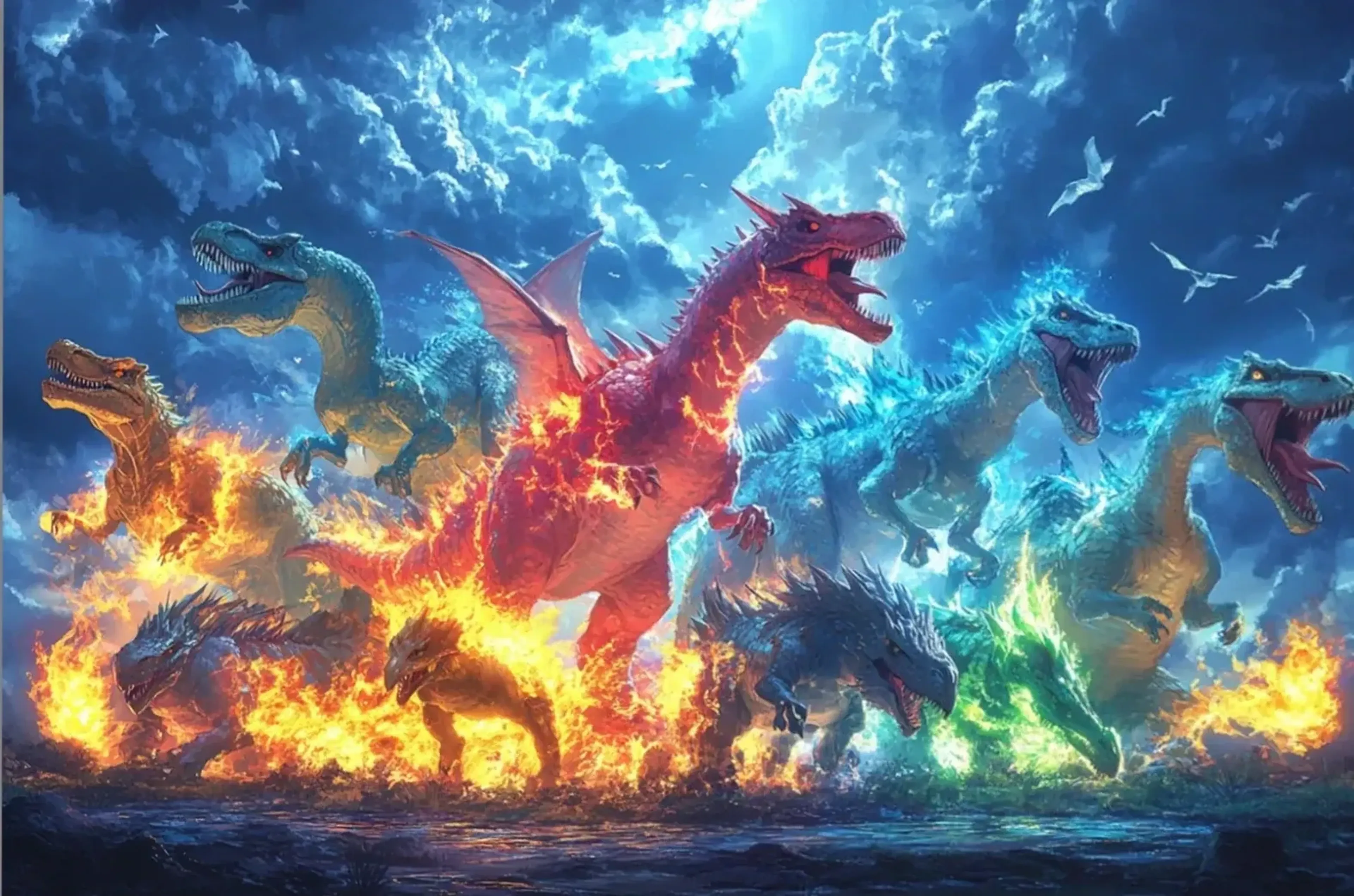 Dinosaurier und drachenähnliche Wesen sind von orangefarbenem Feuer sowie blauem und grünem Leuchten umgeben.