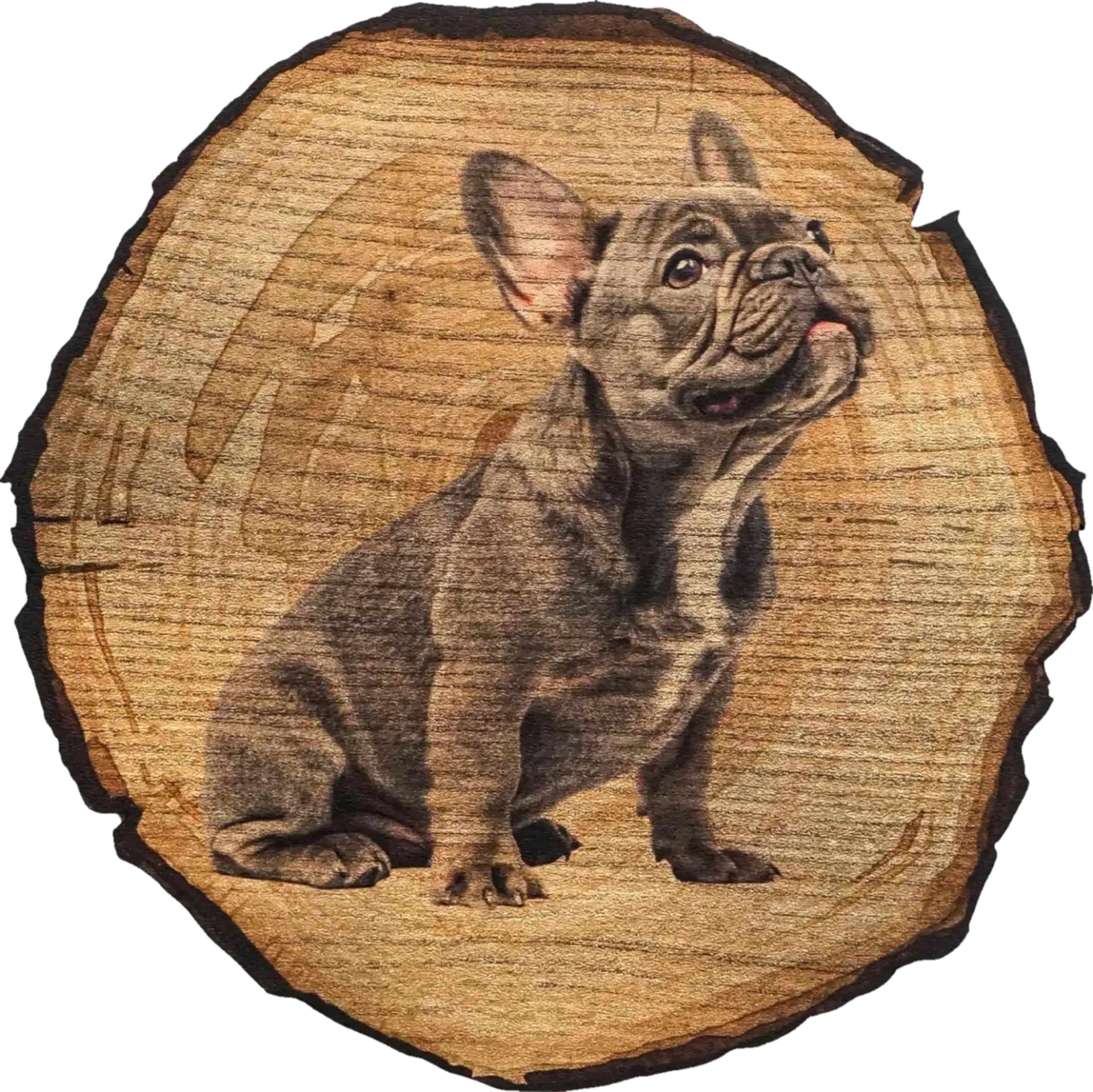 Sitzende dunkle Französische Bulldogge mit erhobenem Kopf und hellem Brustfleck auf brauner Baumscheibenoptik.