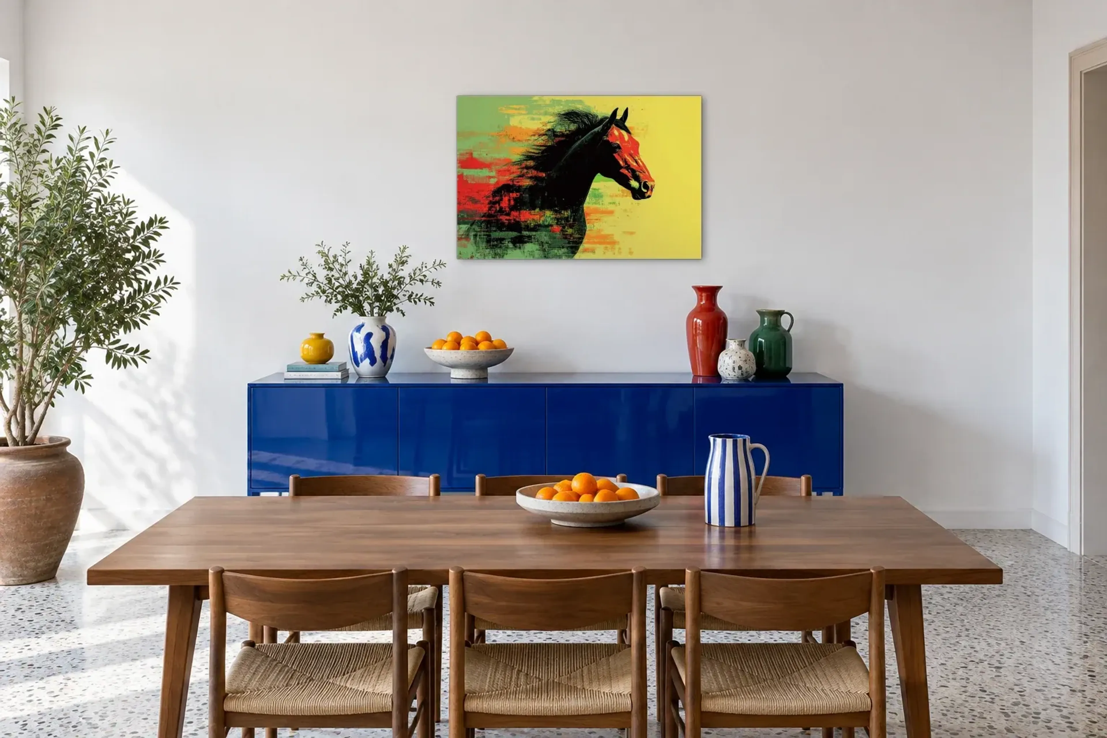 Pferd mit wehender Mähne als Wandbild über einem 180-cm-Sideboard