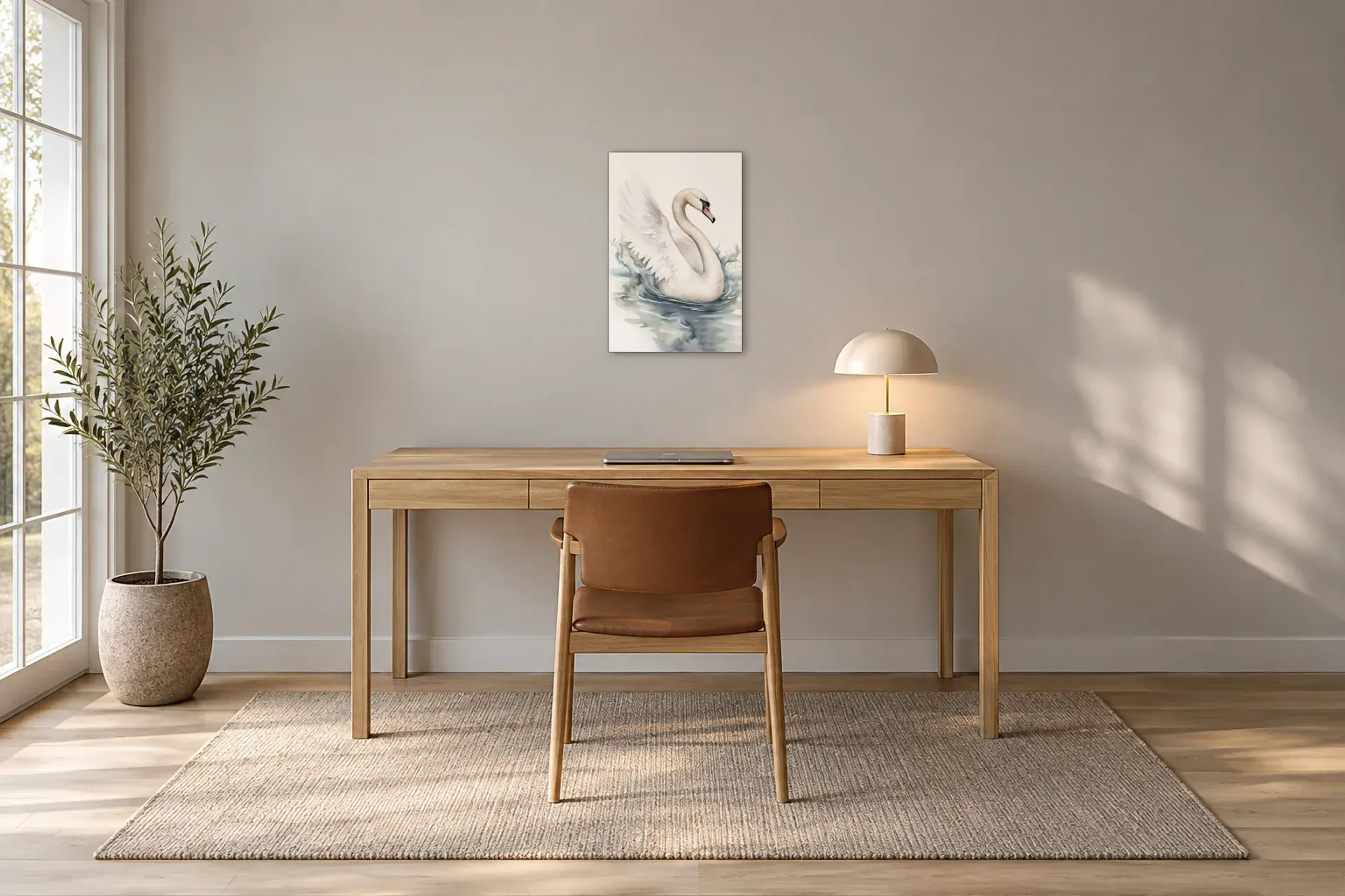 Schwan mit geöffneten Flügeln als Wandbild über einem 160-cm-Schreibtisch