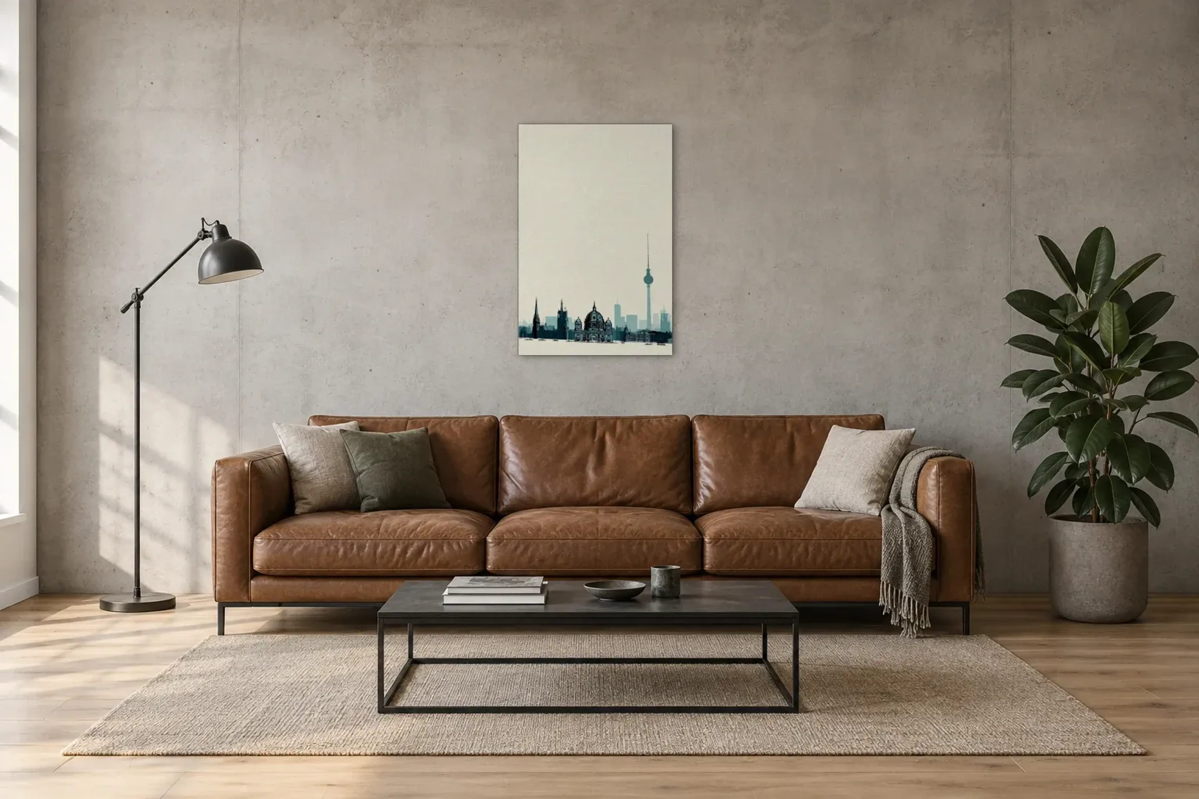 Berliner Skyline in Petrol als Wandbild über einem 220-cm-Sofa