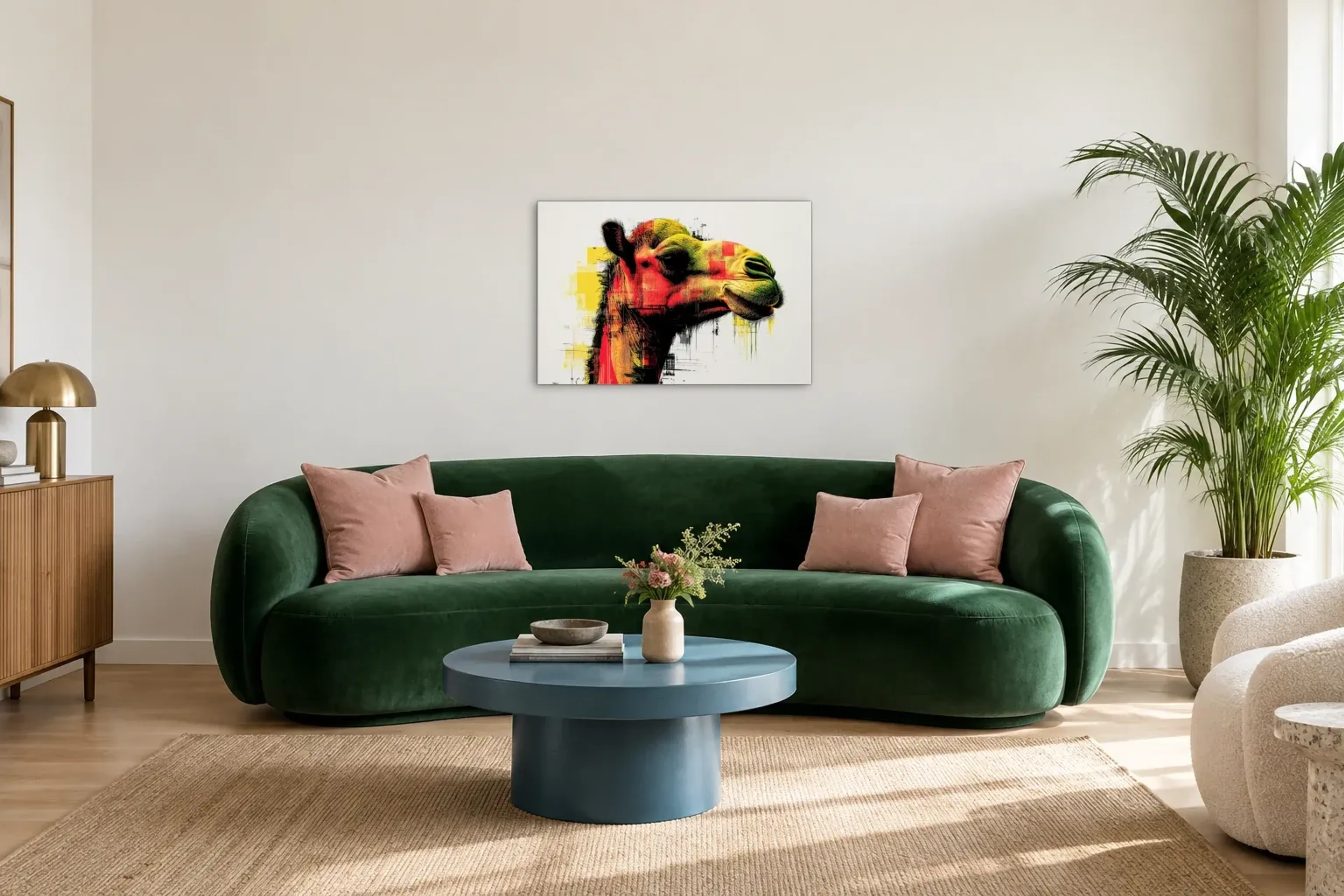 Kamel im Profil als Wandbild über einem 220-cm-Sofa