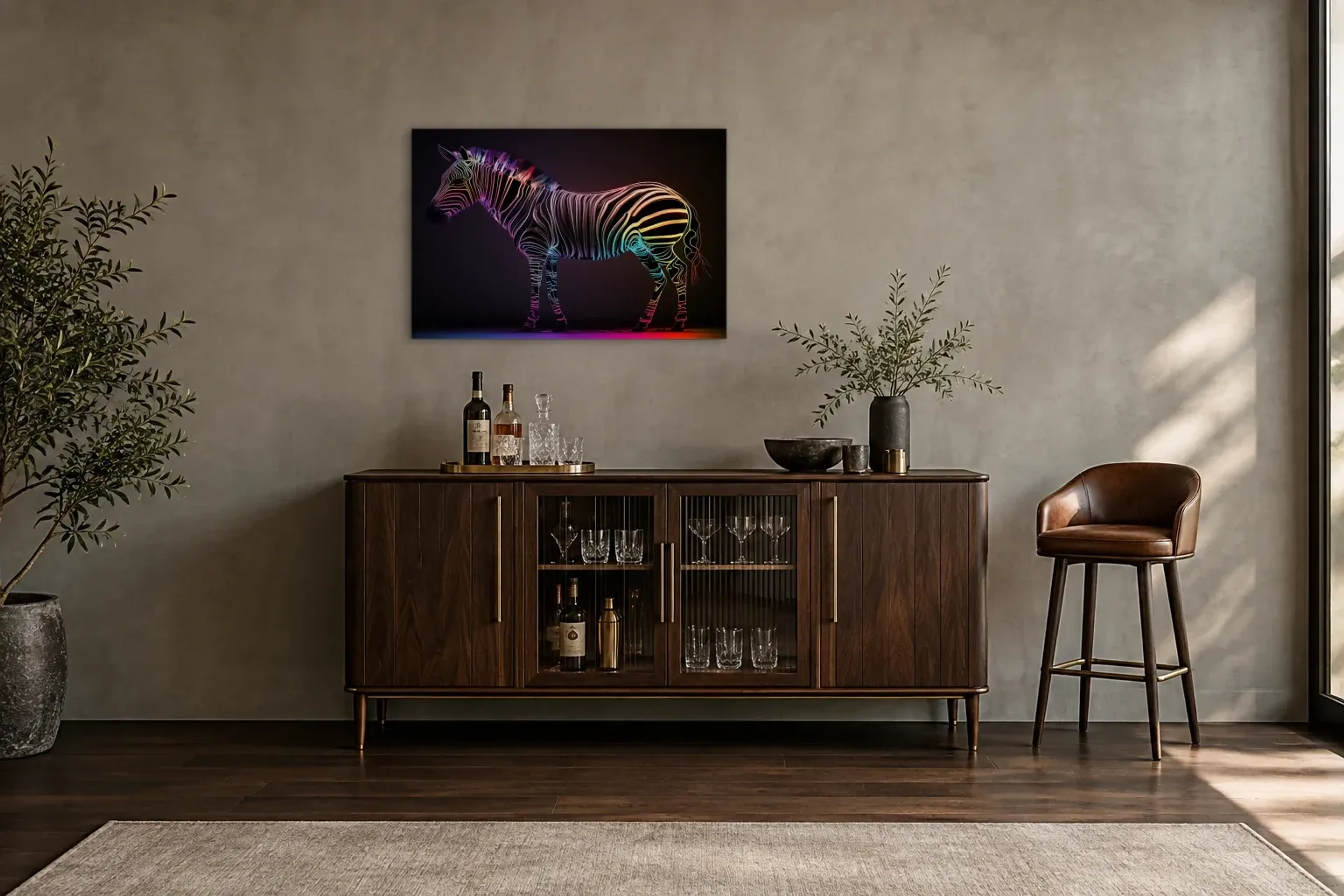 Zebra in Leuchtfarben als Wandbild über einem 150-cm-Barschrank