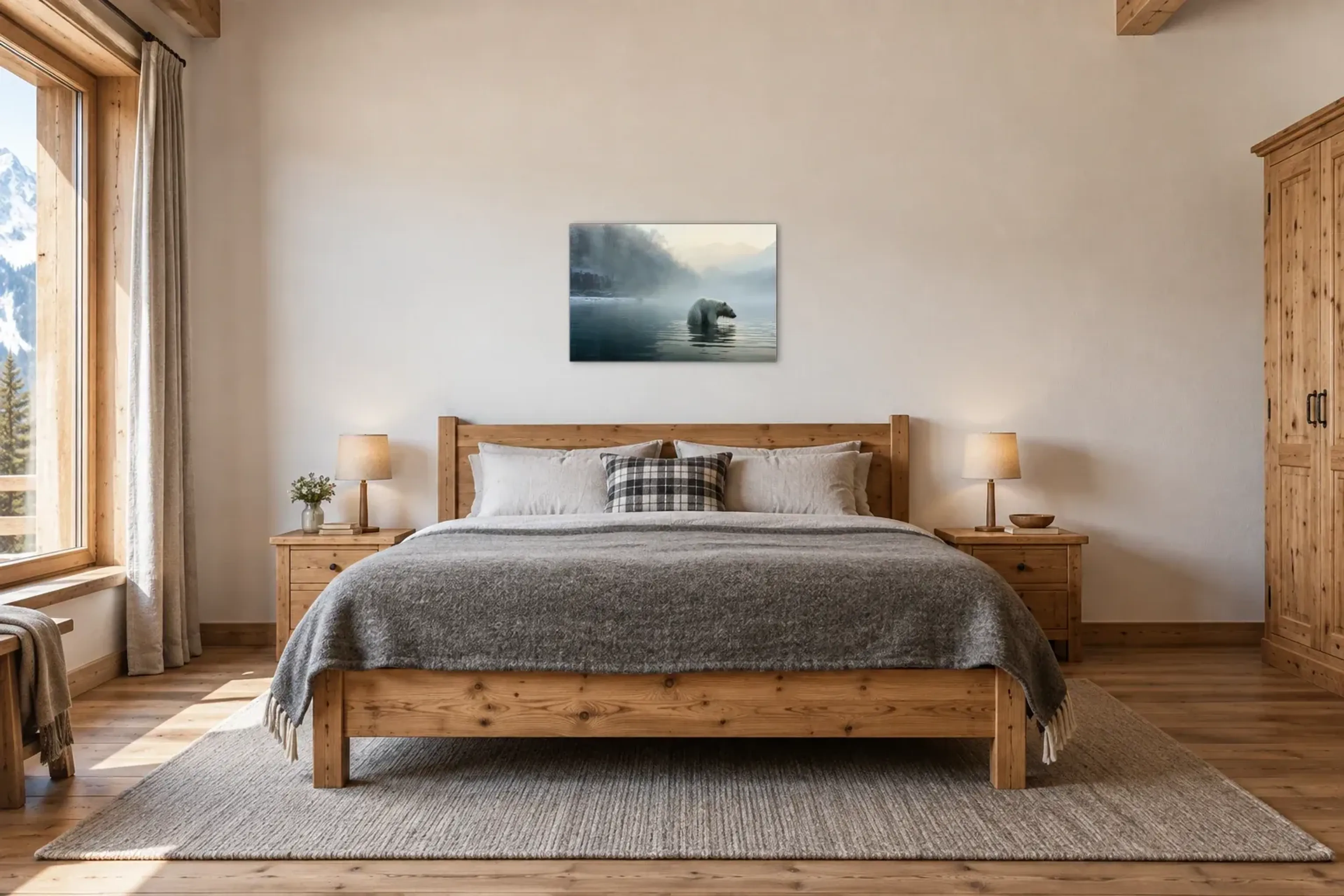 Eisbär im Fluss als Wandbild über einem 180-cm-Bett