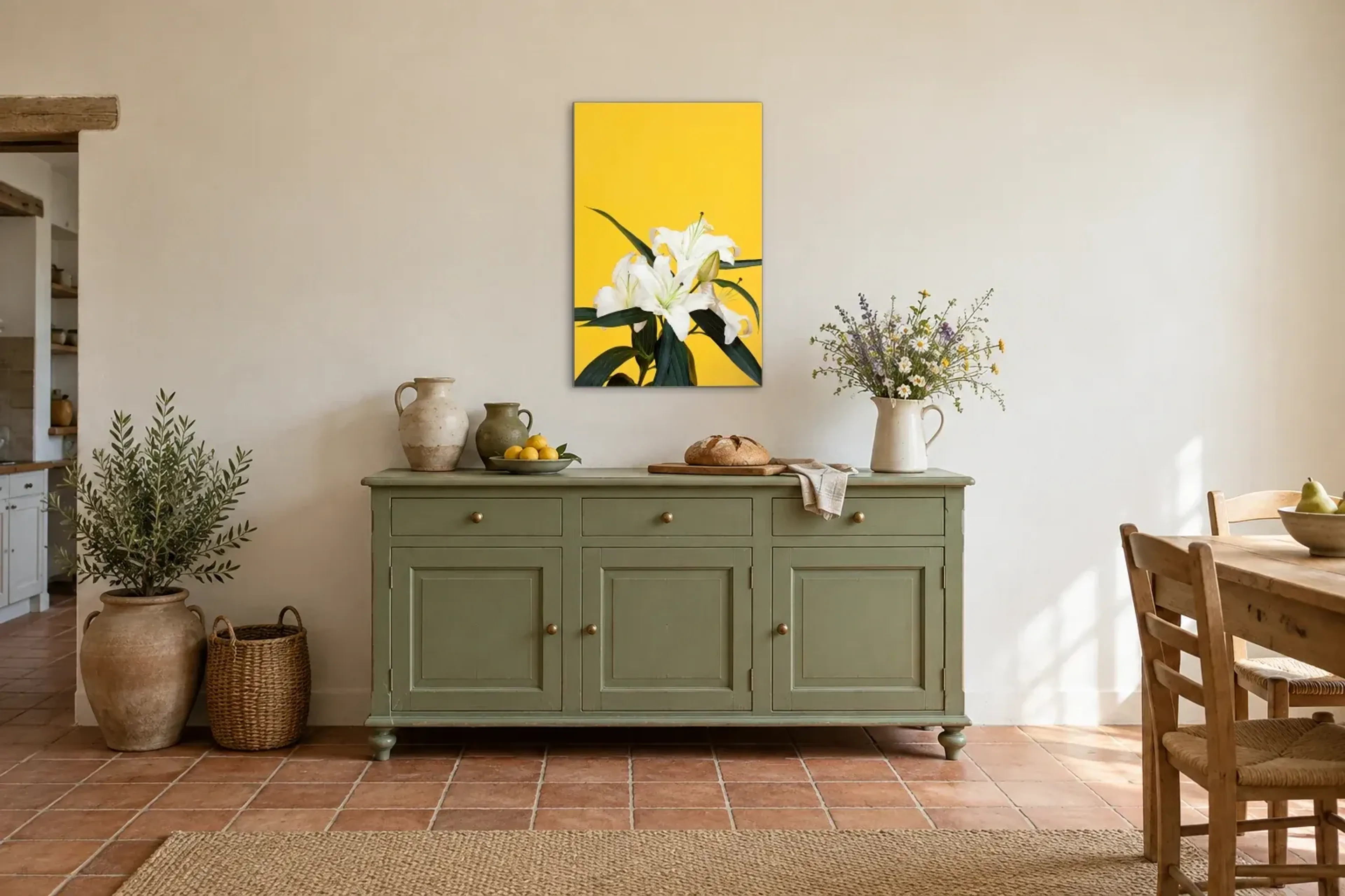 Weiße Lilien auf Gelb als Wandbild über einer 160-cm-Anrichte