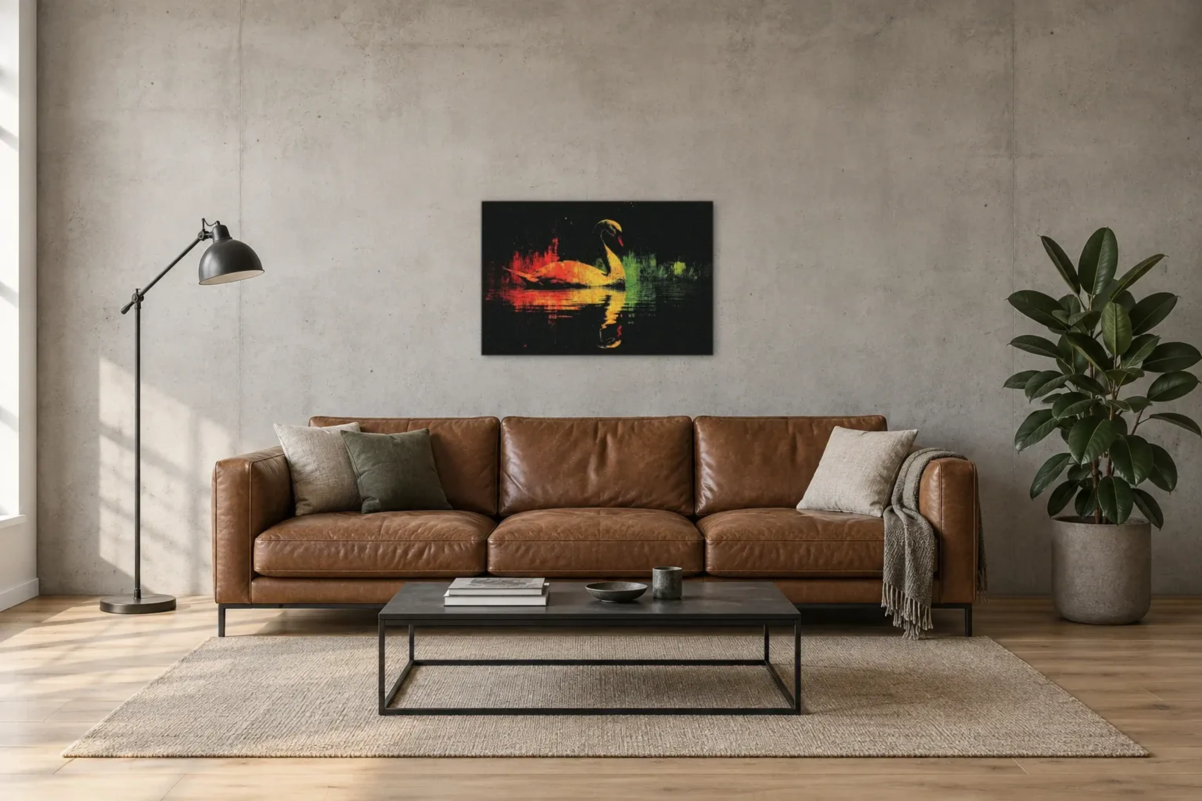Schwan als Wandbild über einem 220-cm-Sofa
