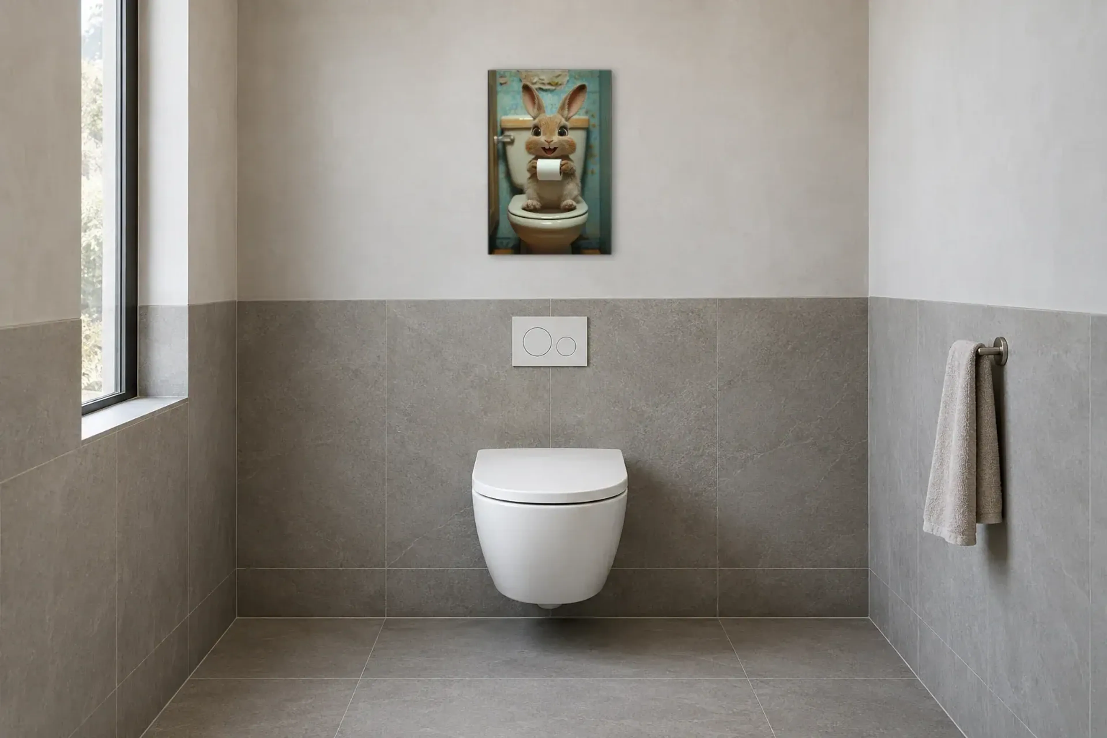 Hase im Retrobad als Wandbild im Gäste-WC