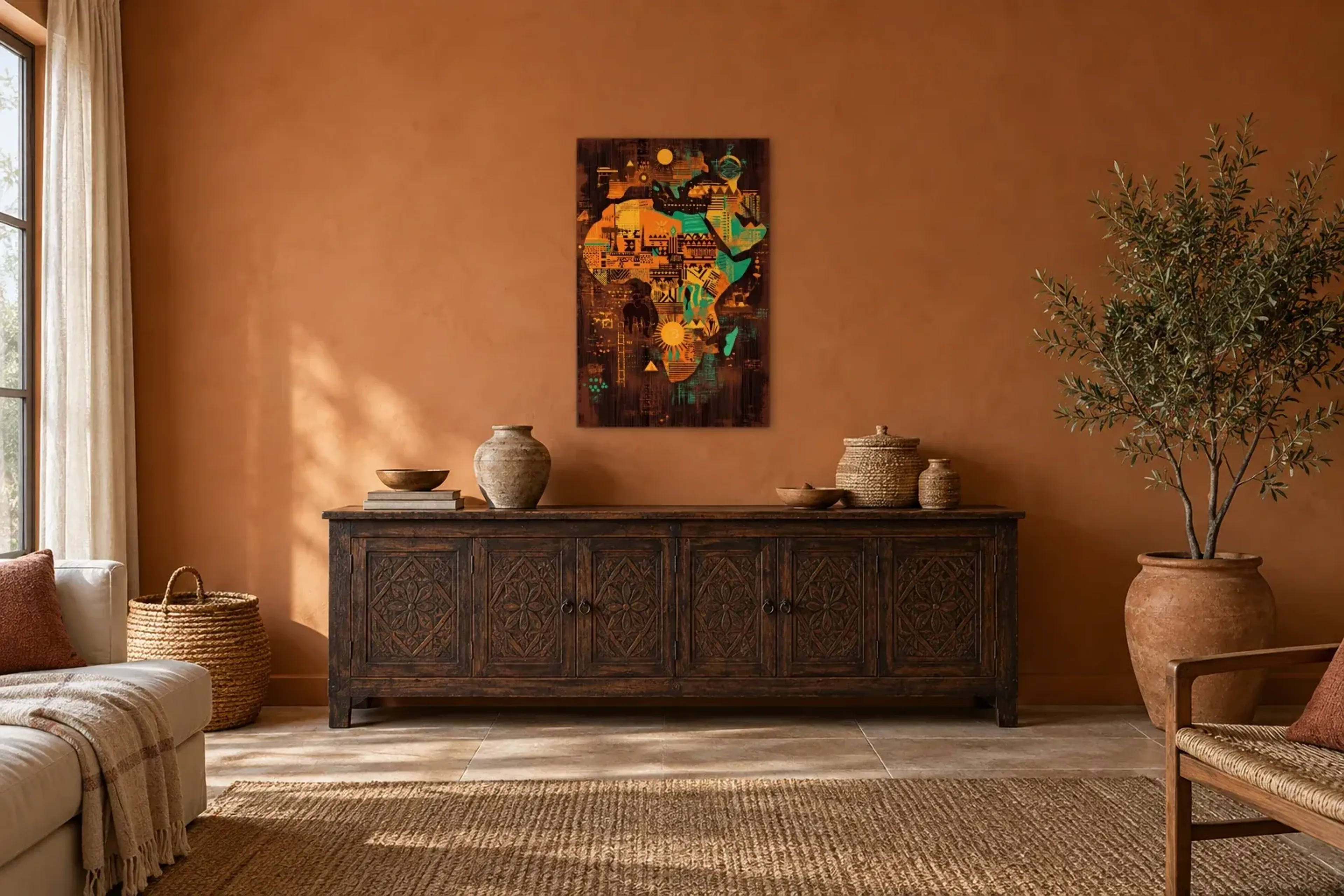 Afrika in Mustern als Wandbild über einem 180-cm-Sideboard
