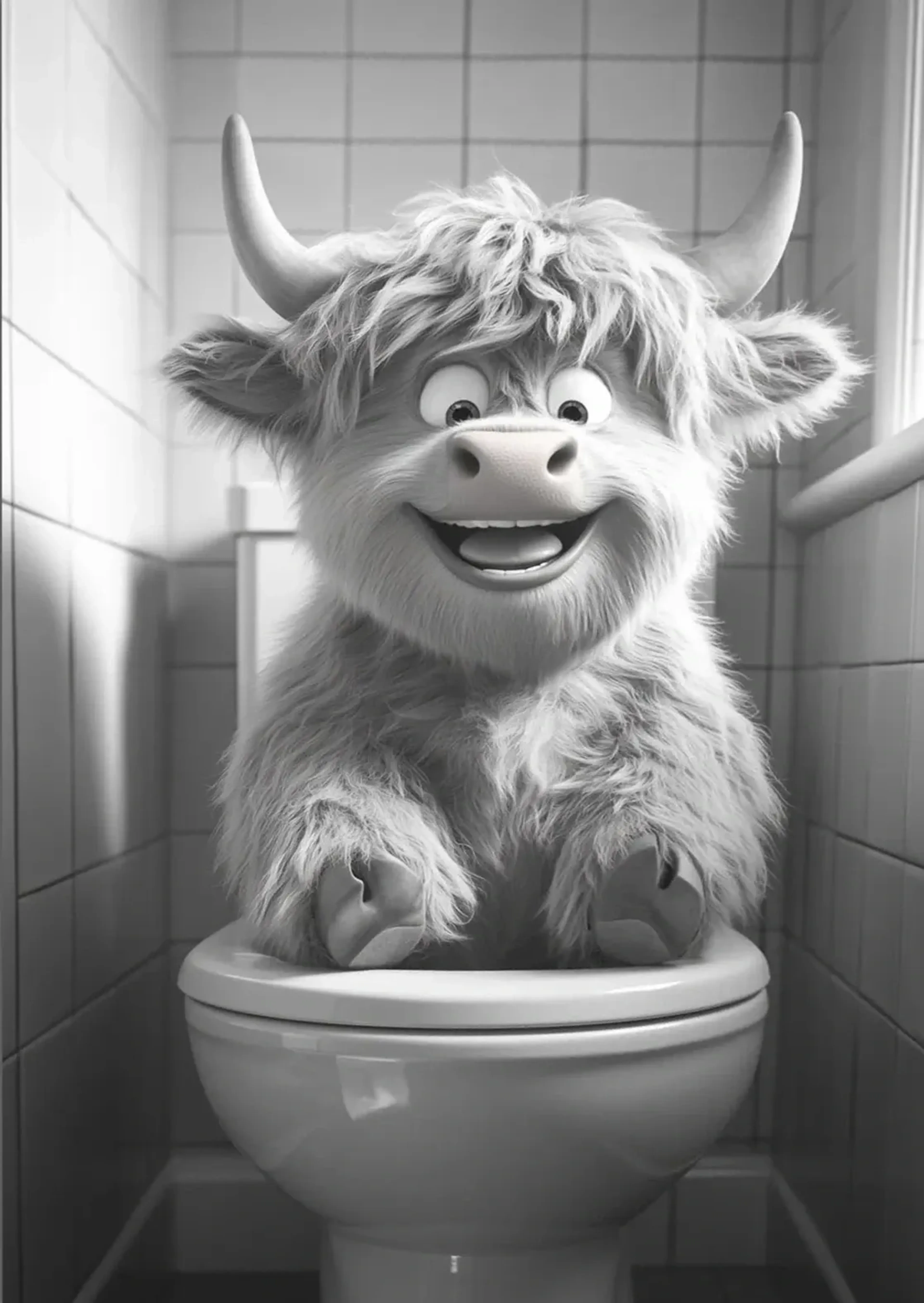 Ein grinsendes, zotteliges Hochlandrind mit großen Hörnern sitzt auf einer Toilette in einem gefliesten Bad.