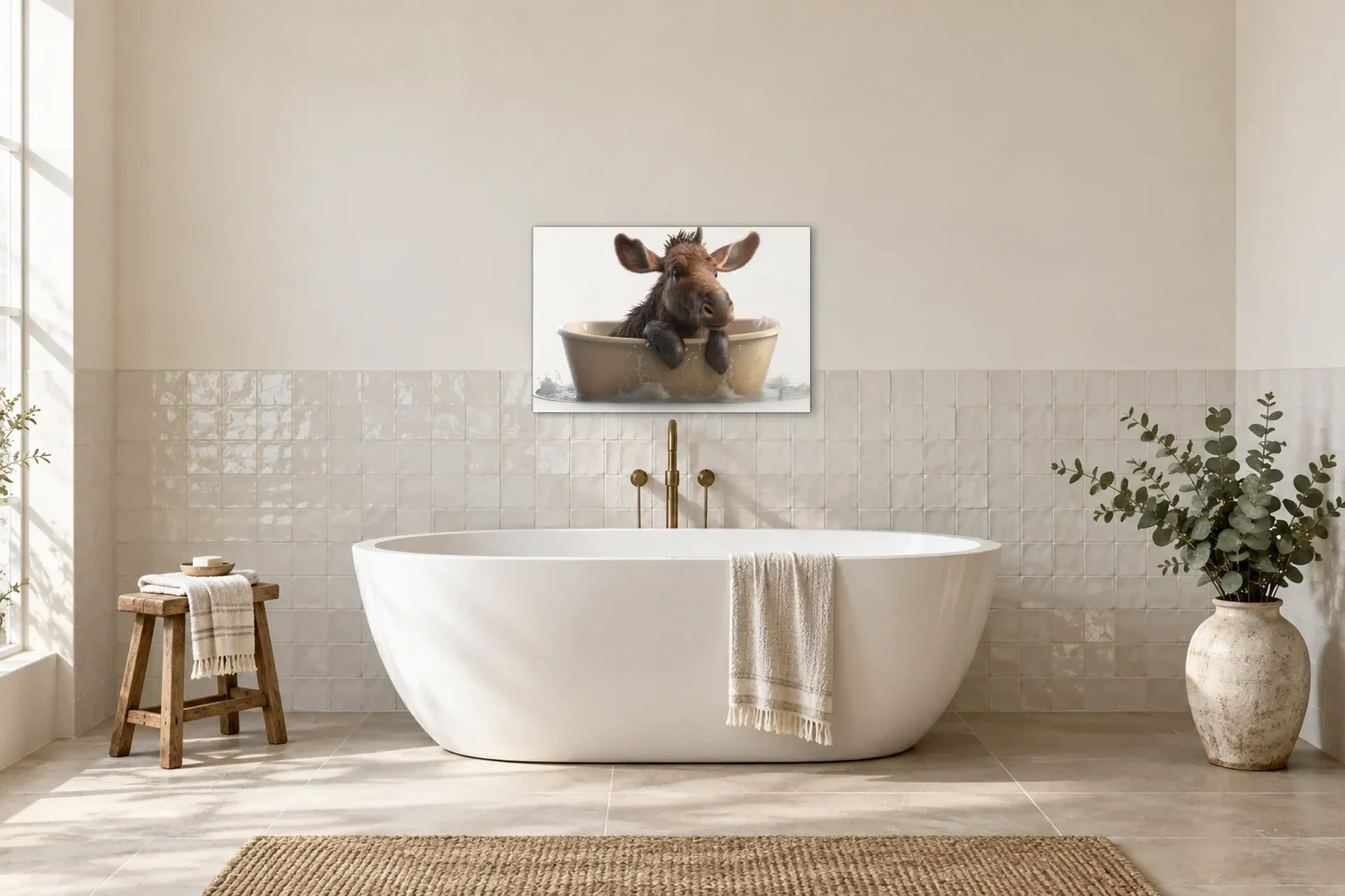 Elch in der Wanne als Wandbild über einer 170-cm-Badewanne
