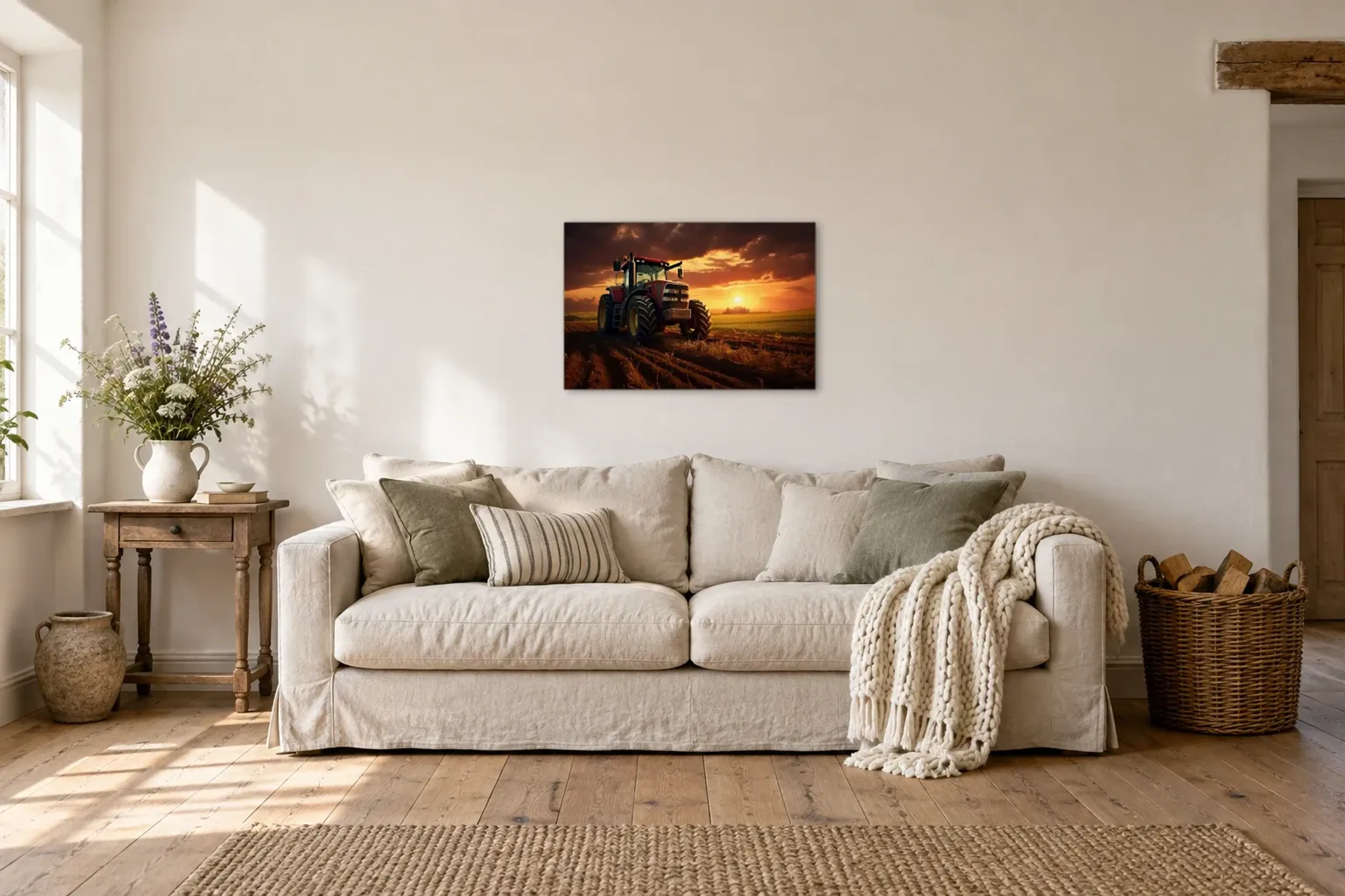 Traktor im Abendlicht als Wandbild über einem 220-cm-Sofa