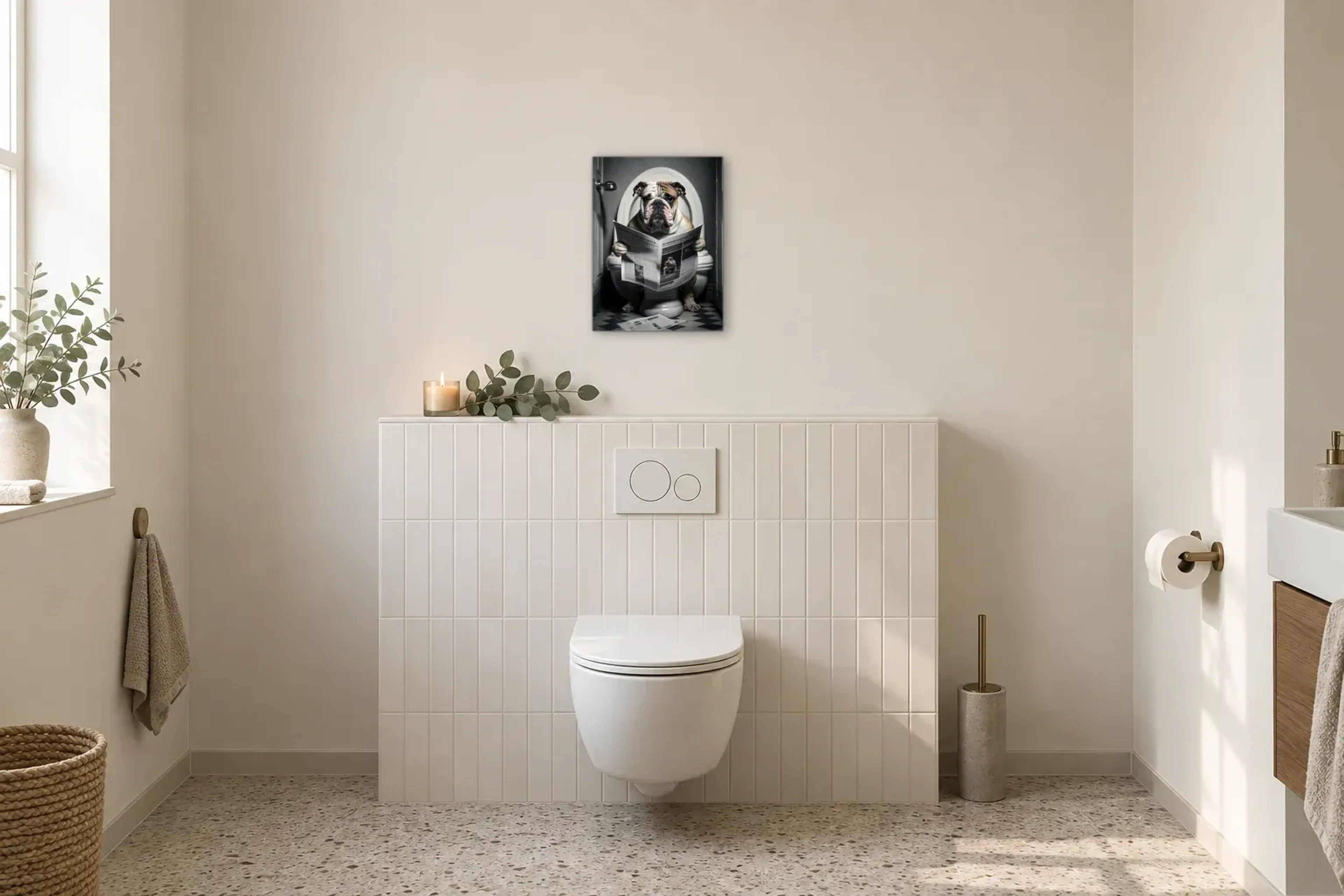 Bulldogge bei der Zeitungslektüre als Wandbild im Gäste-WC