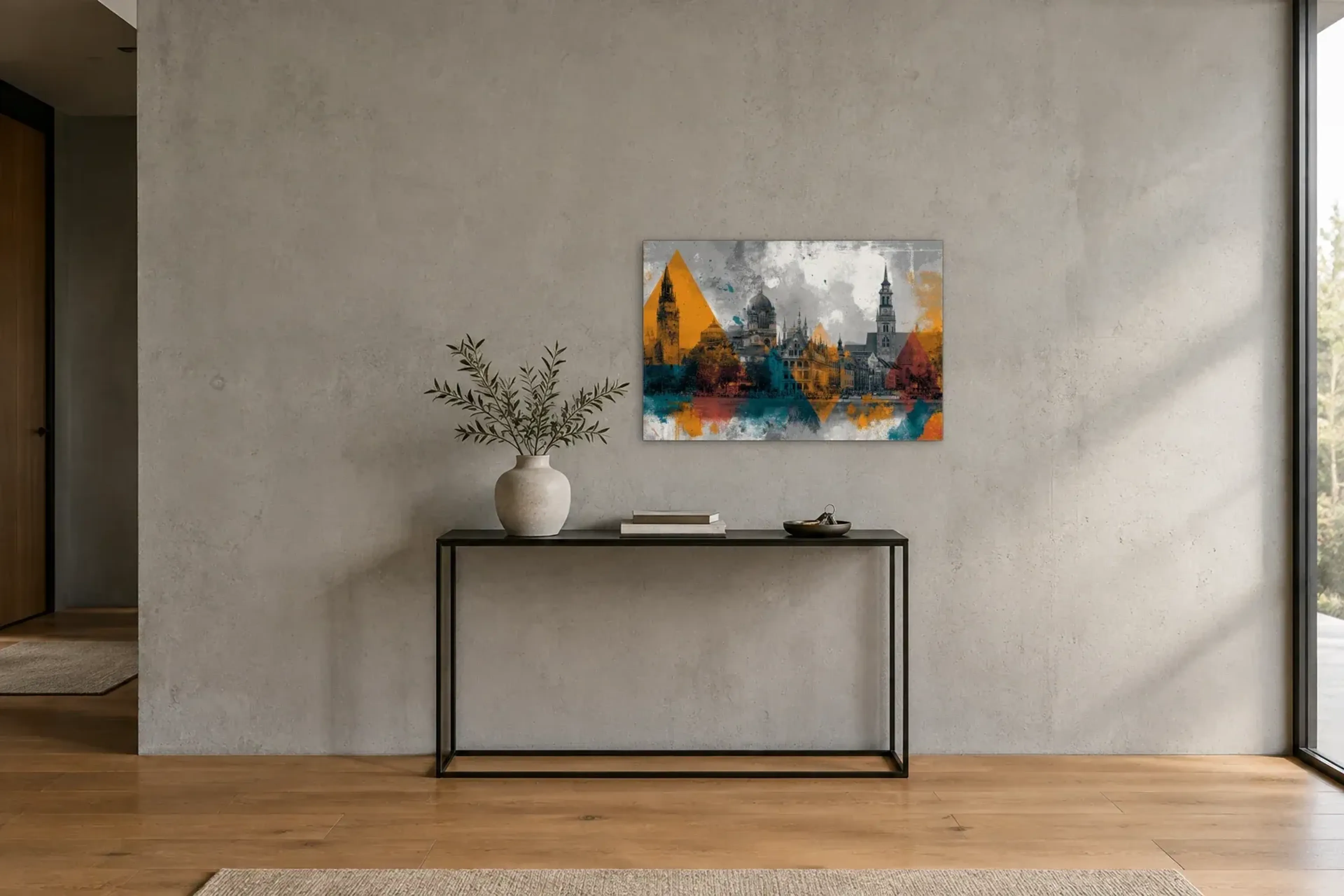München in Dreiecken als Wandbild über einer 120-cm-Konsole