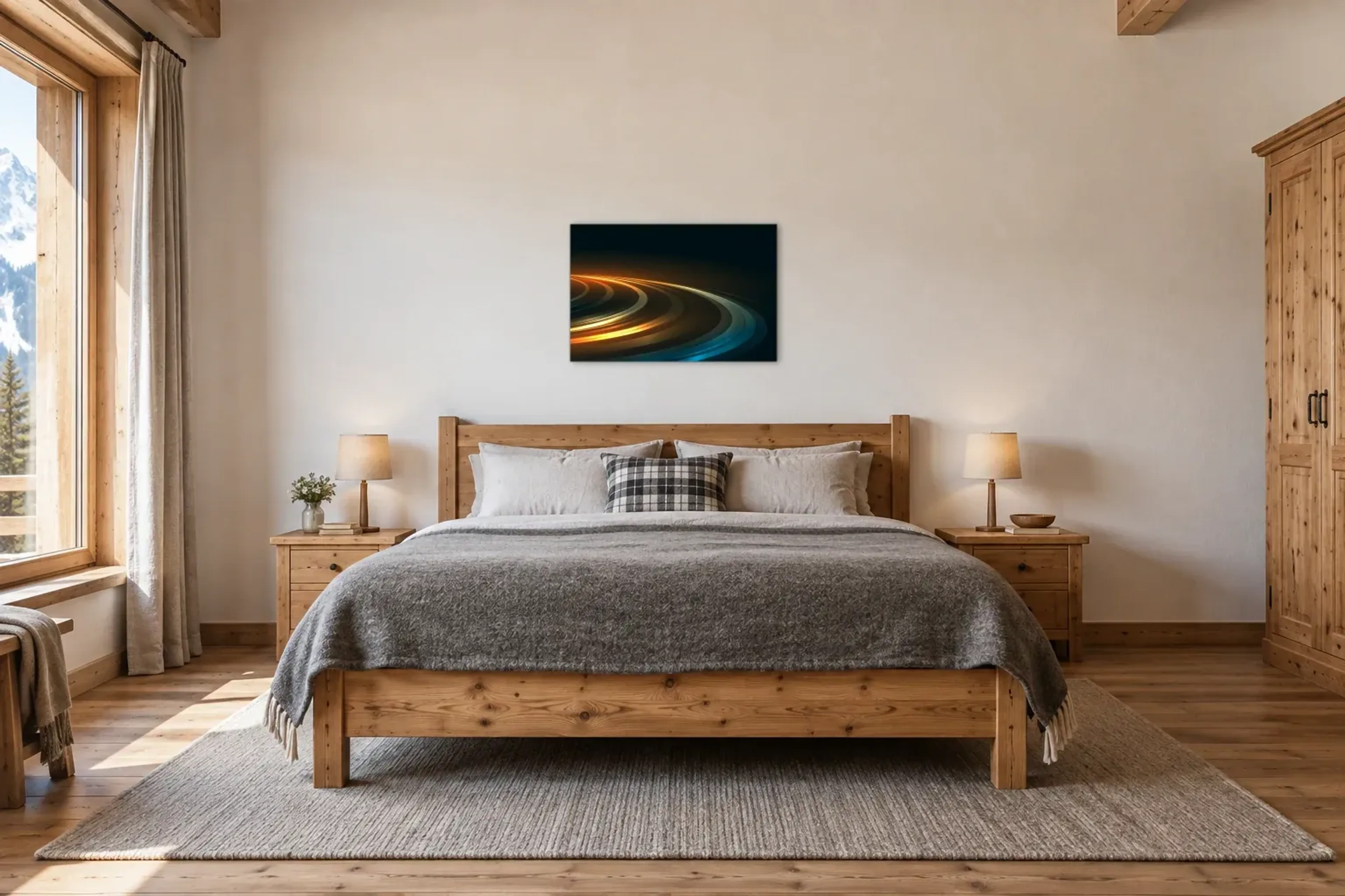 Leuchtende Kreisbahnen als Wandbild über einem 180-cm-Bett
