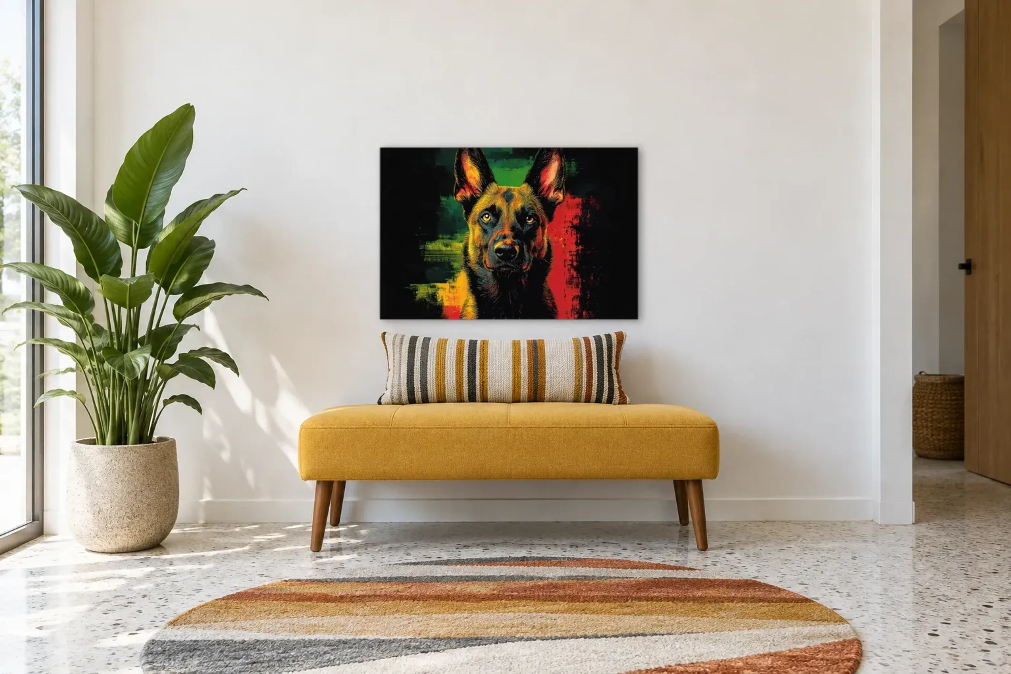 Malinois mit wachem Blick als Wandbild über einer 120-cm-Bank