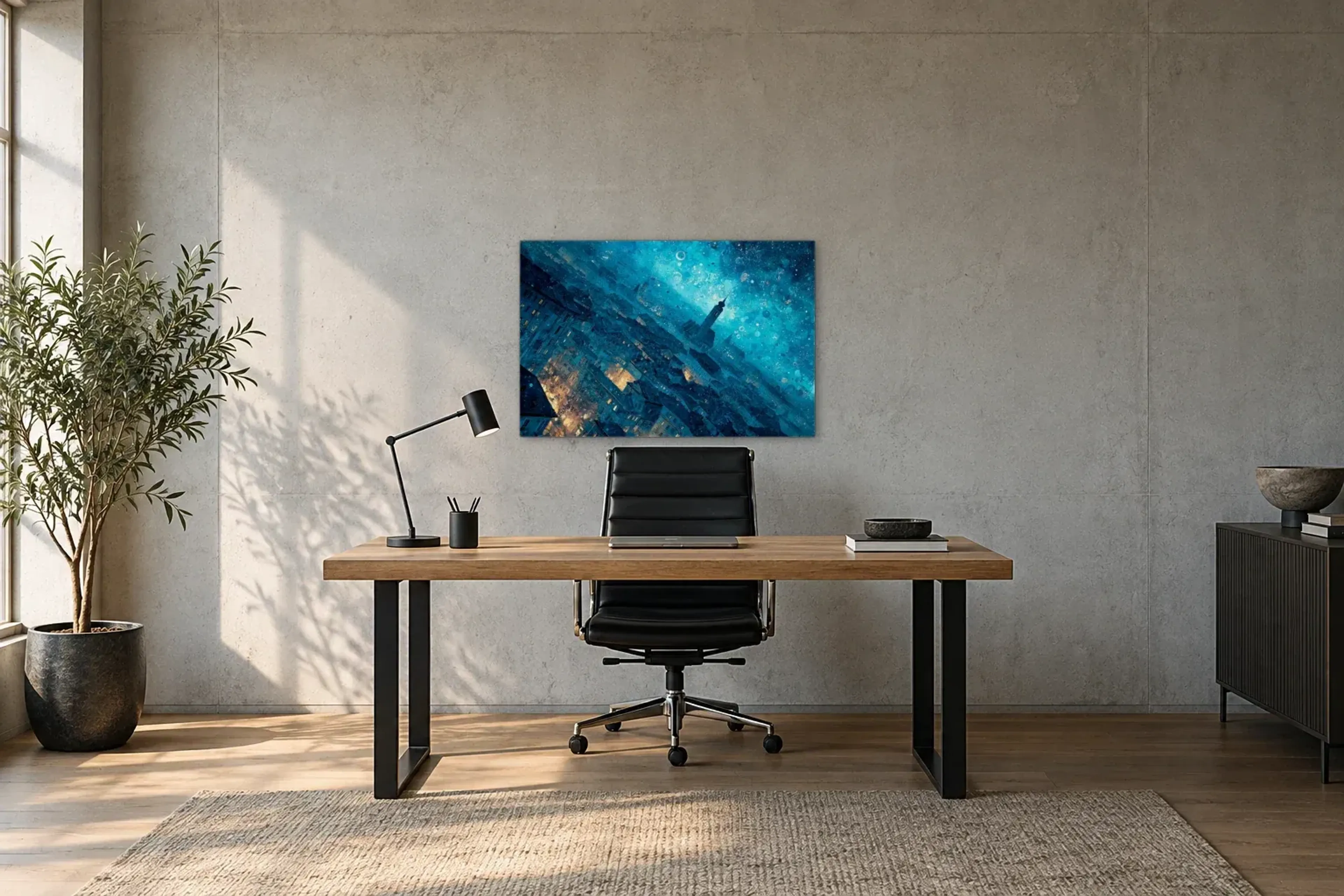 München im blauen Wirbel als Wandbild über einem 160-cm-Schreibtisch