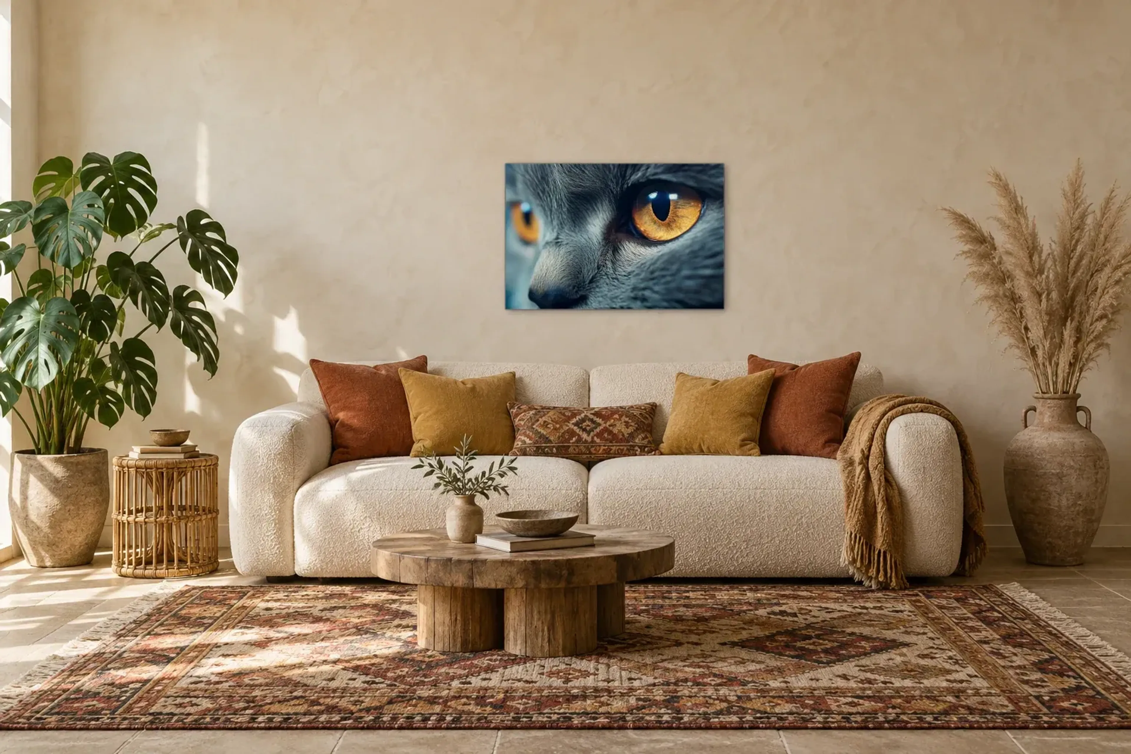 Goldaugen im blaugrauen Fell als Wandbild über einem 220-cm-Sofa