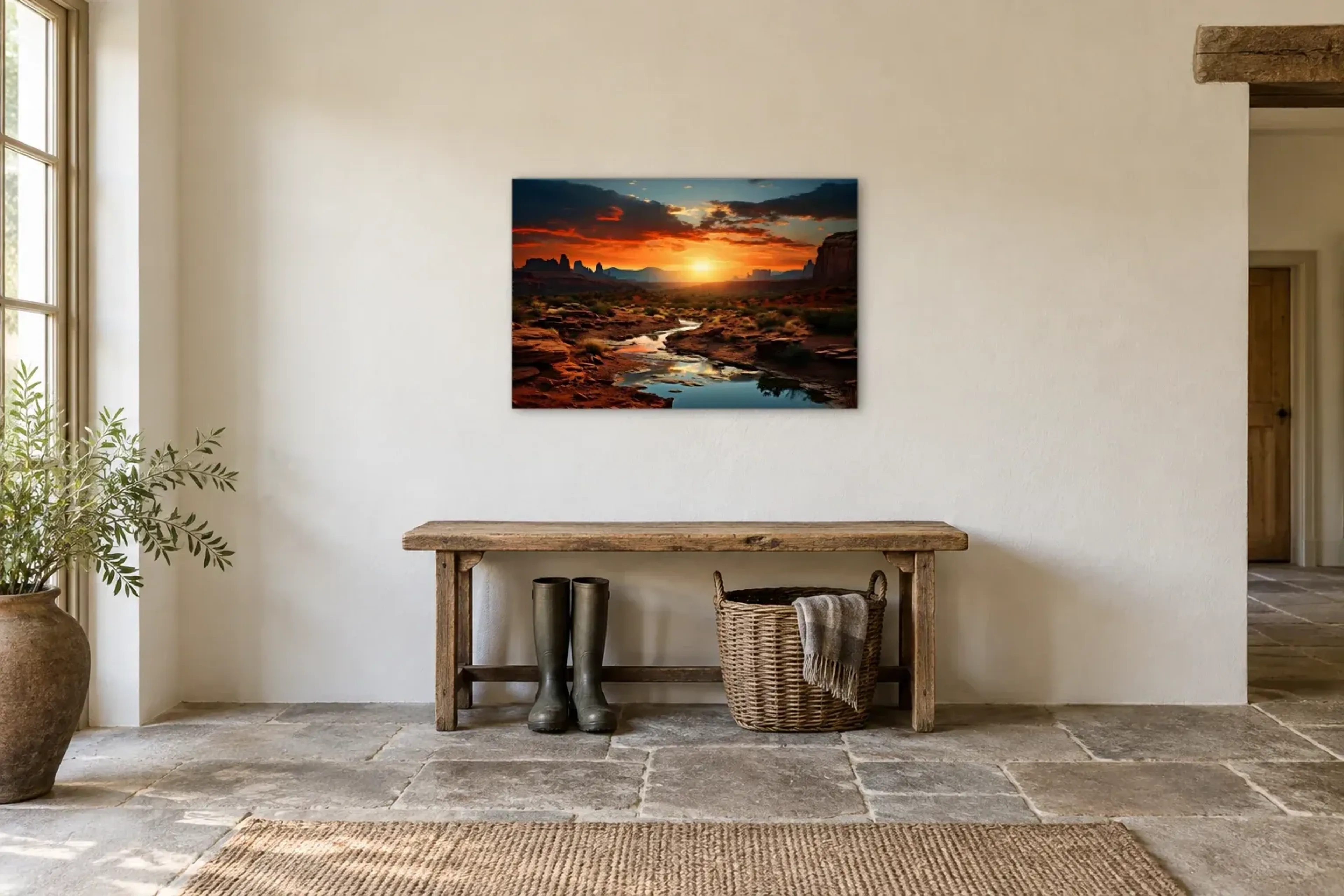 Sonnenuntergang in der Felslandschaft als Wandbild über einer 120-cm-Bank