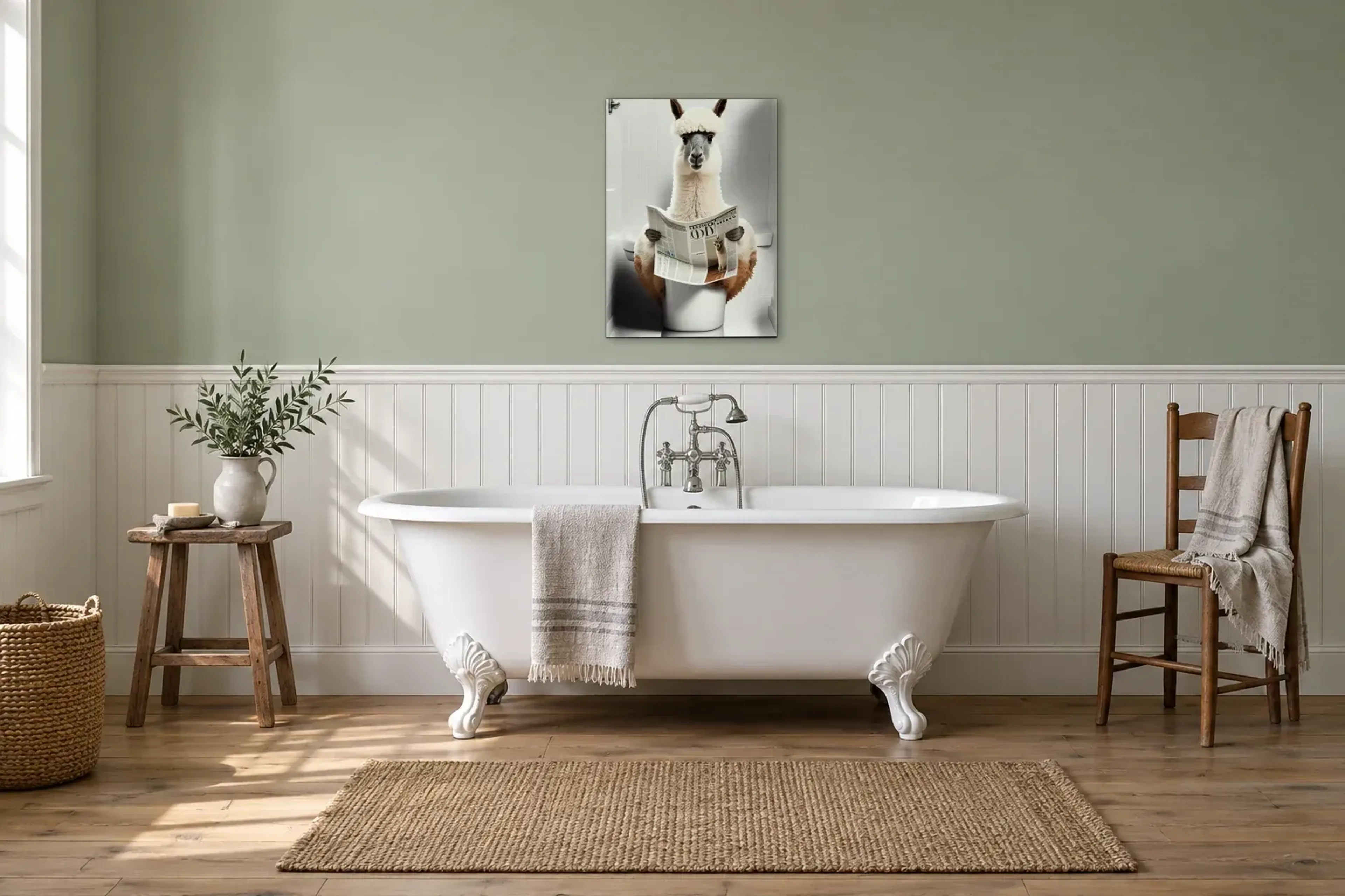 Alpaka beim Zeitunglesen als Wandbild über einer 170-cm-Badewanne