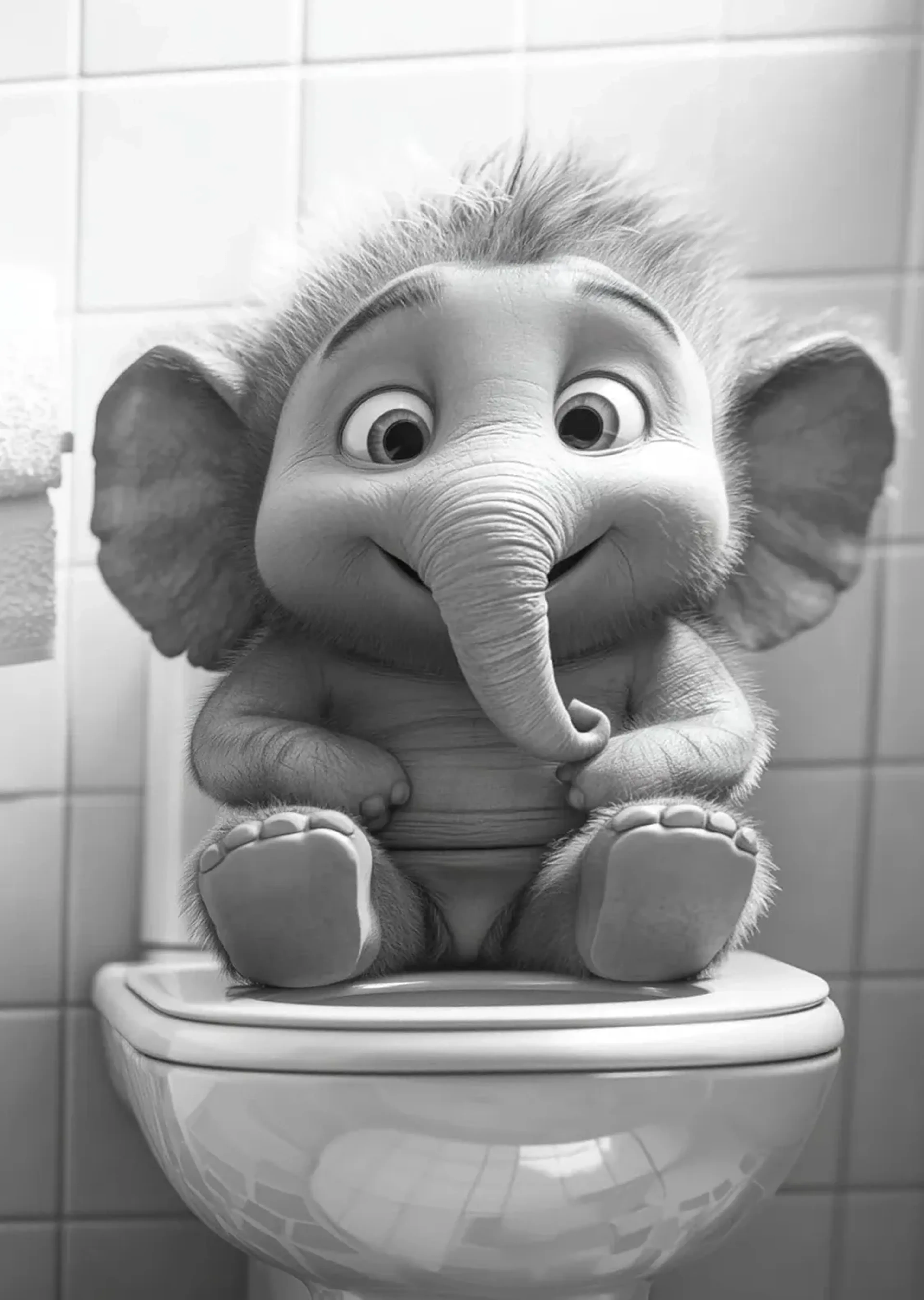 Ein lächelnder kleiner Elefant mit wuscheligem Haarschopf sitzt auf einer Toilette vor gefliester Wand.