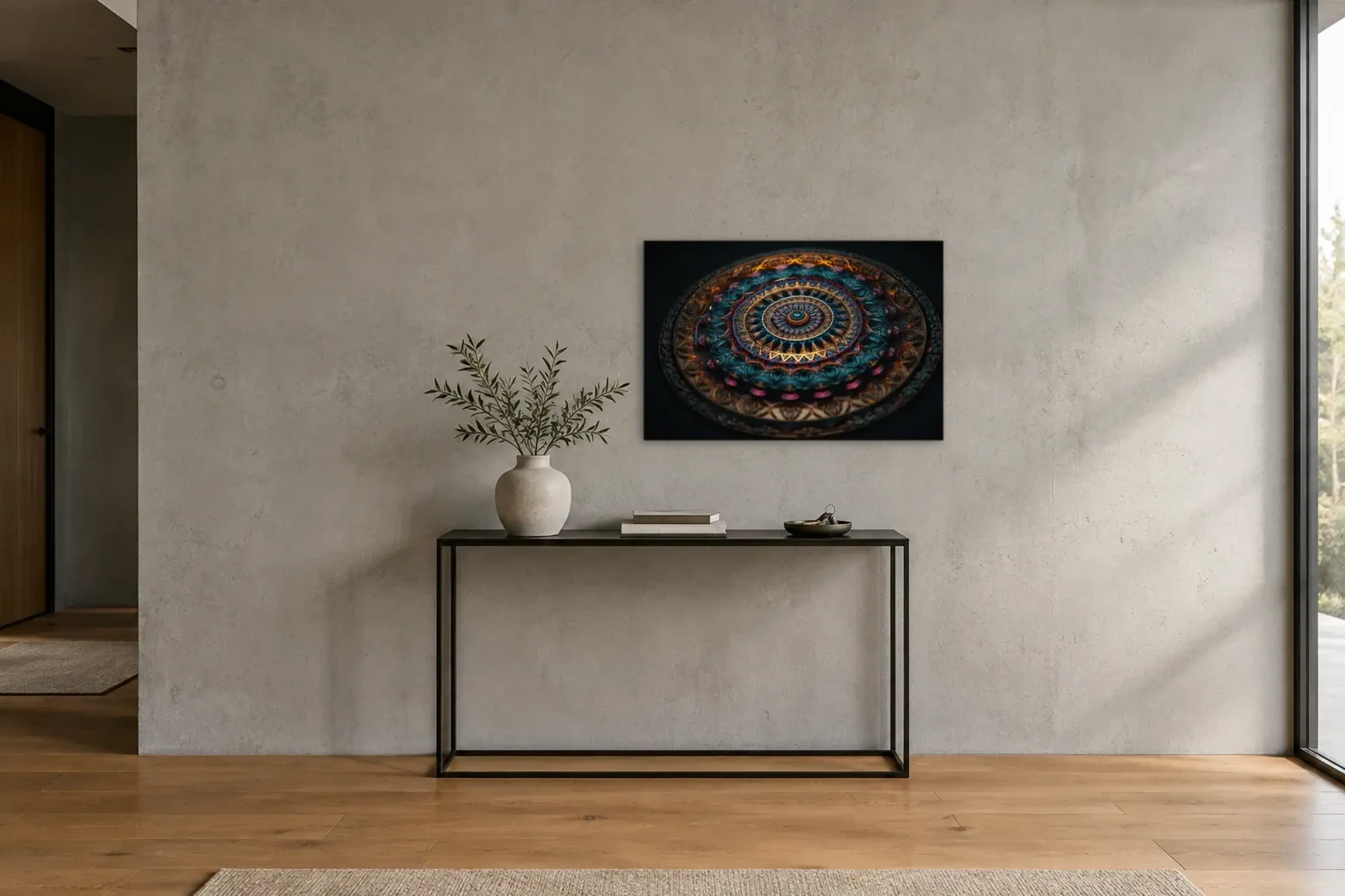 Mandala in Türkis als Wandbild über einer 120-cm-Konsole