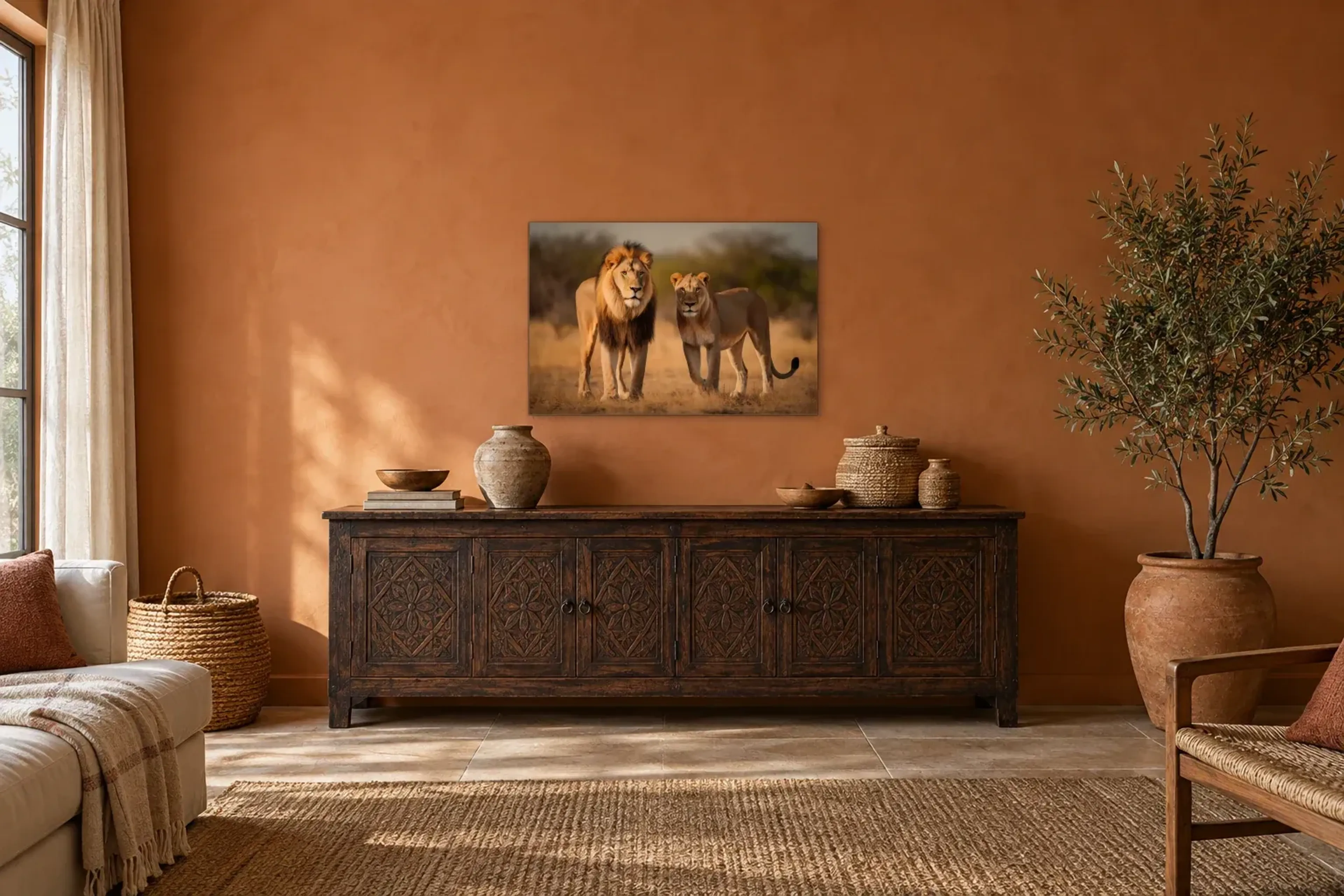 Löwe und Löwin als Wandbild über einem 180-cm-Sideboard
