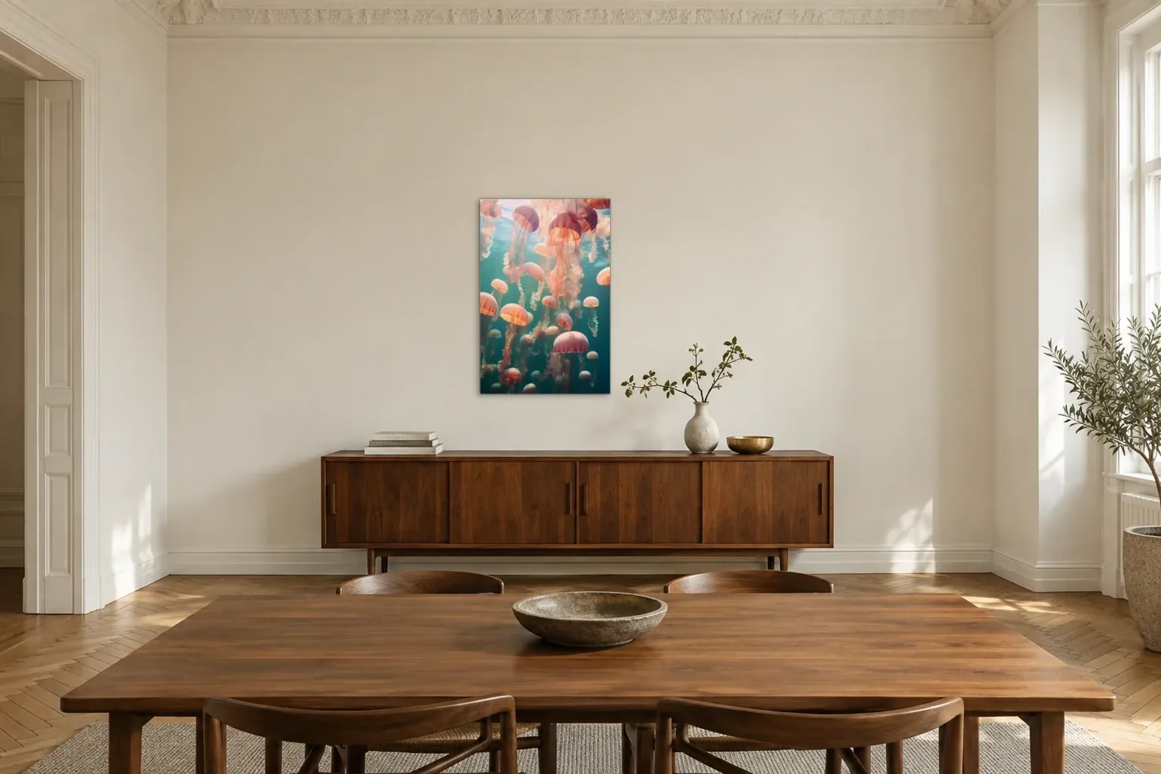 Rosa Quallen im Wasser als Wandbild über einem 200-cm-Sideboard