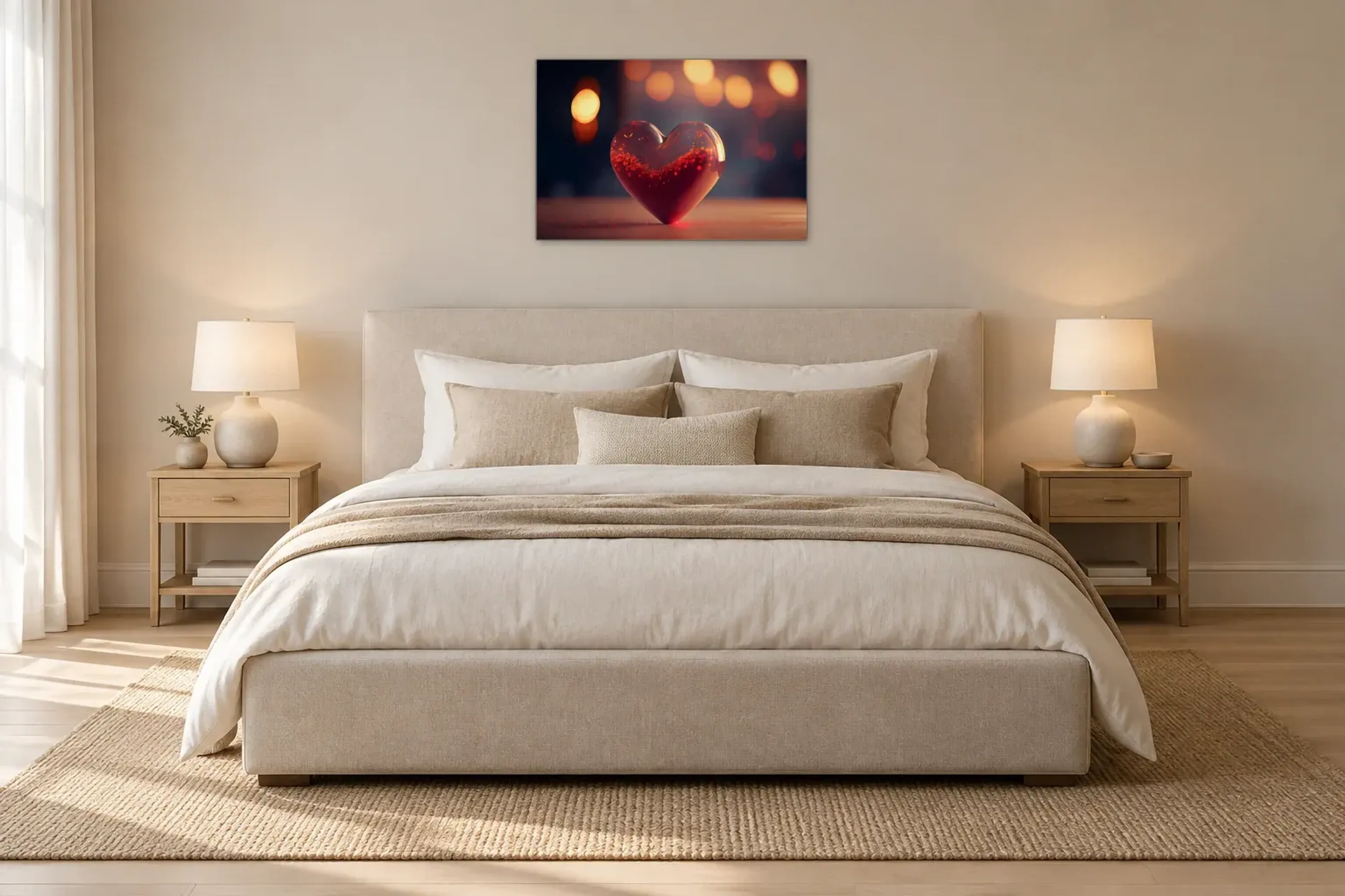 Rotes Herz im Licht als Wandbild über einem 180-cm-Bett