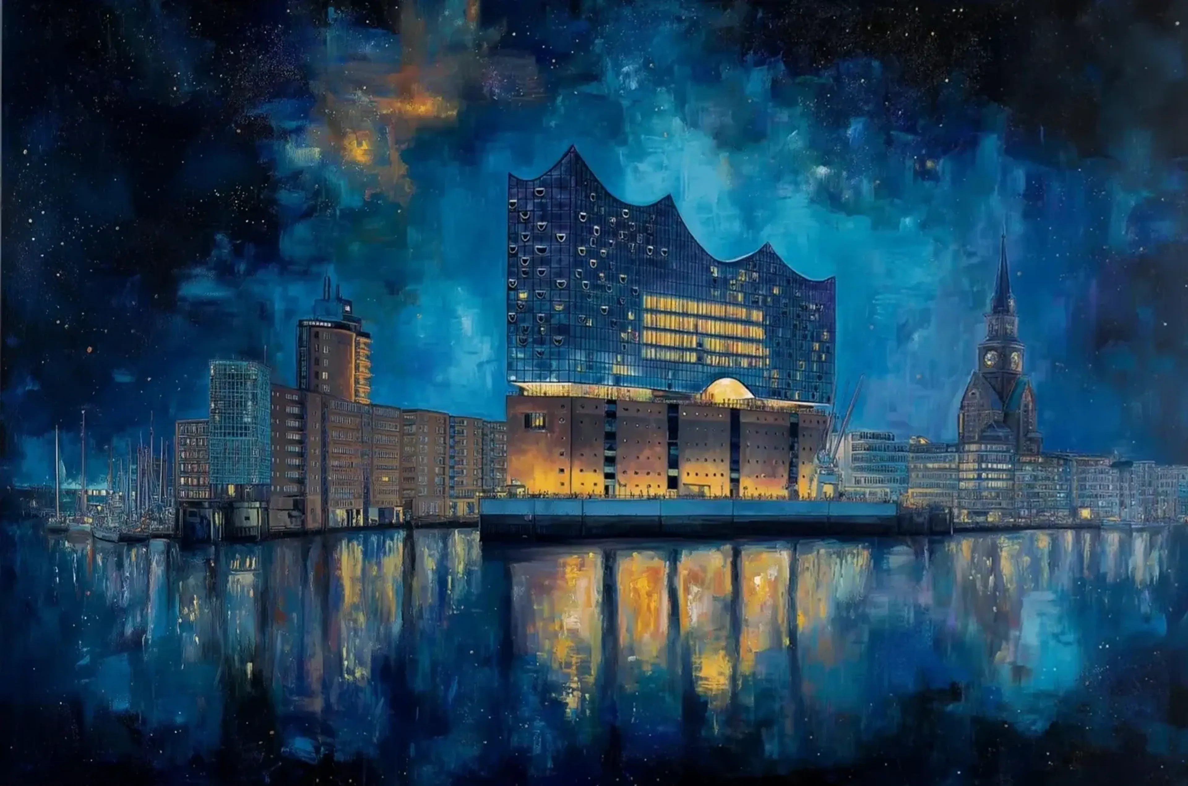 Elbphilharmonie im Nachtblau – Motiv als Wandbild auf Holz