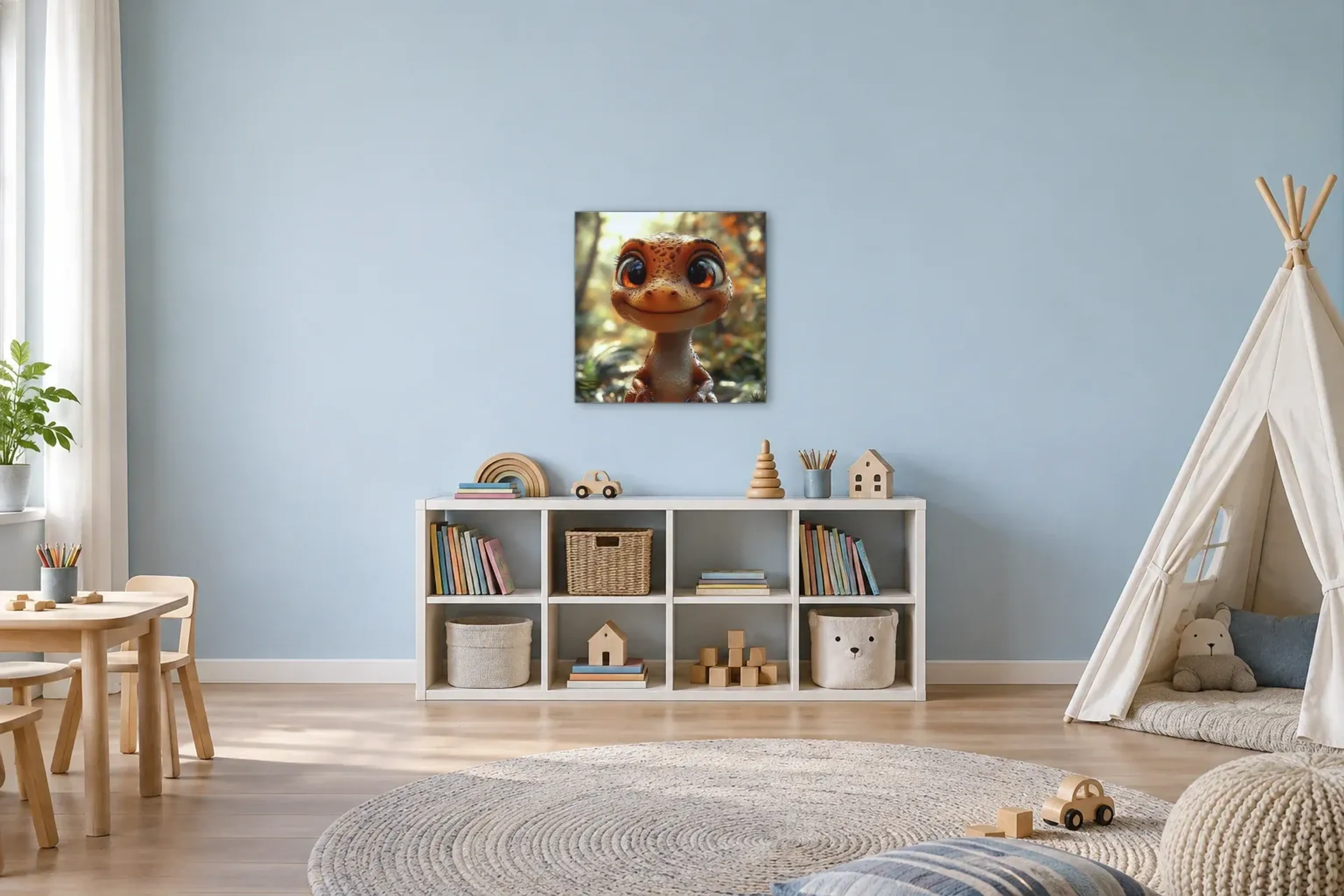 Dinolächeln im Wald als Wandbild über einem 120-cm-Spielregal