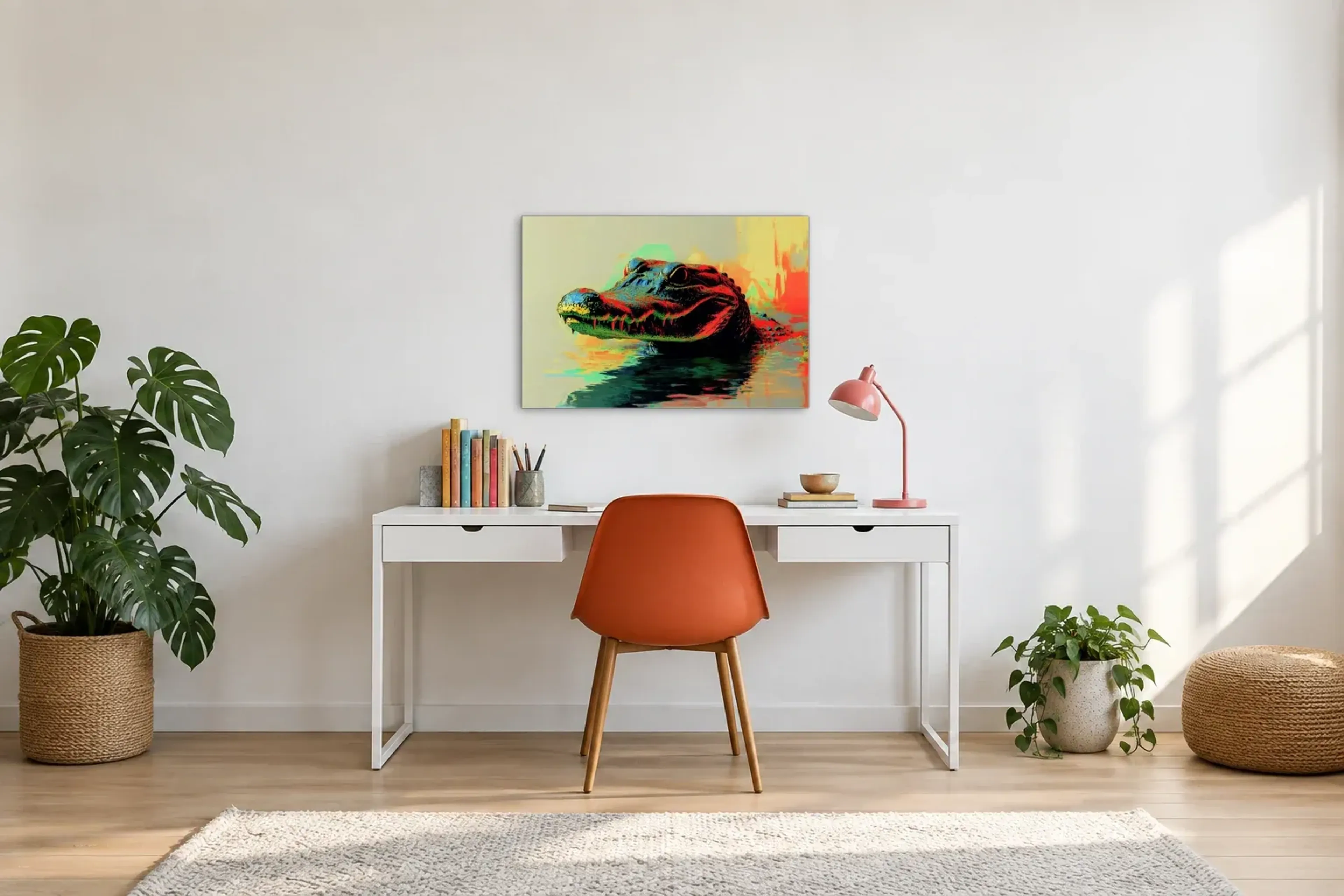 Krokodil im Wasser als Wandbild über einem 140-cm-Schreibtisch