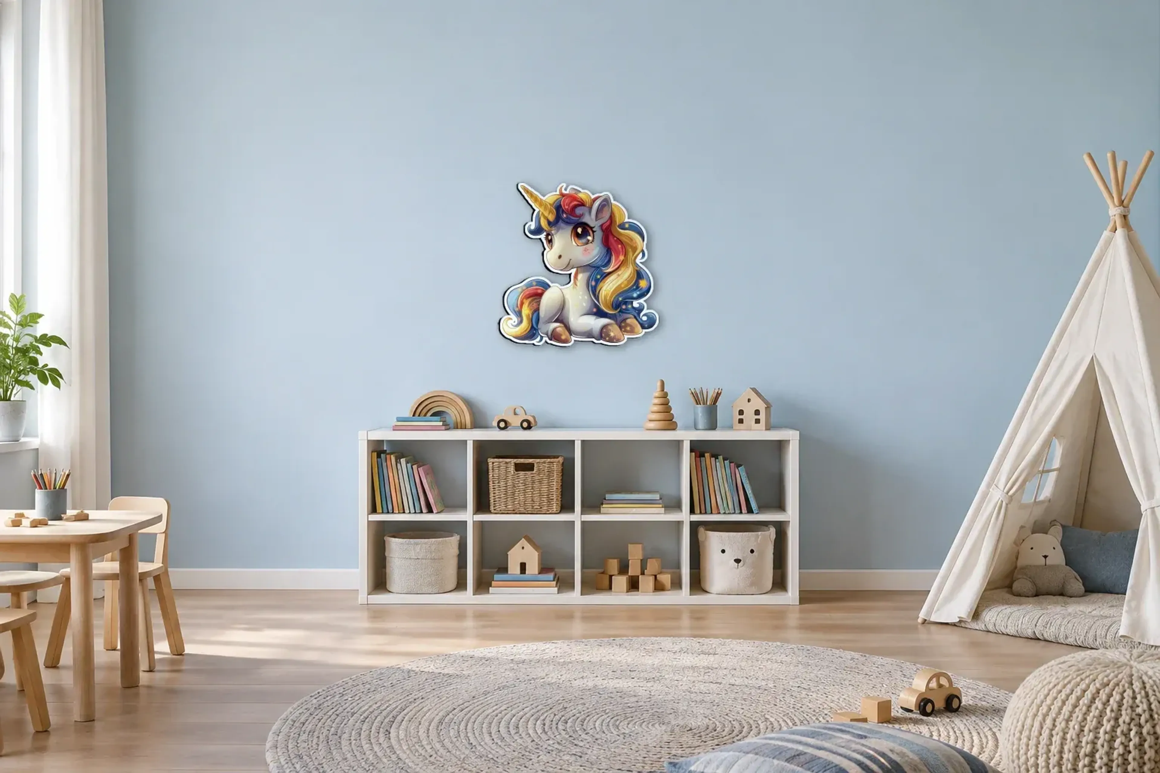 Einhorn Bunt als Wandbild über einem 120-cm-Spielregal