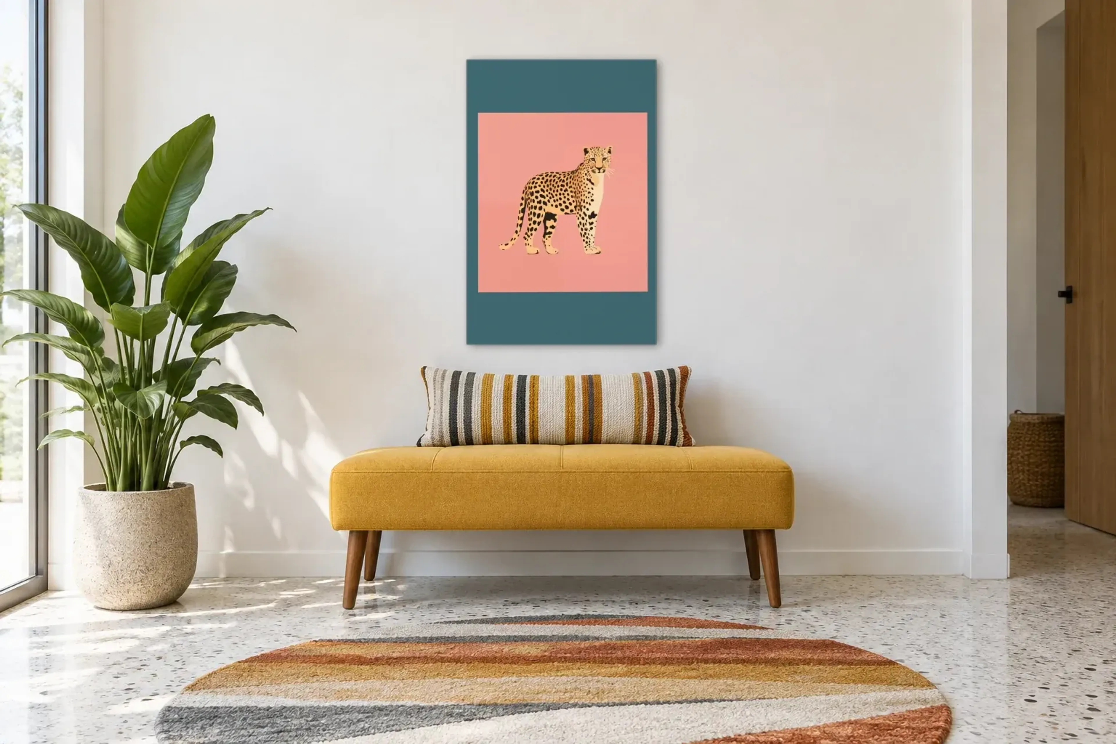 Leopard in Rosa und Petrol als Wandbild über einer 120-cm-Bank