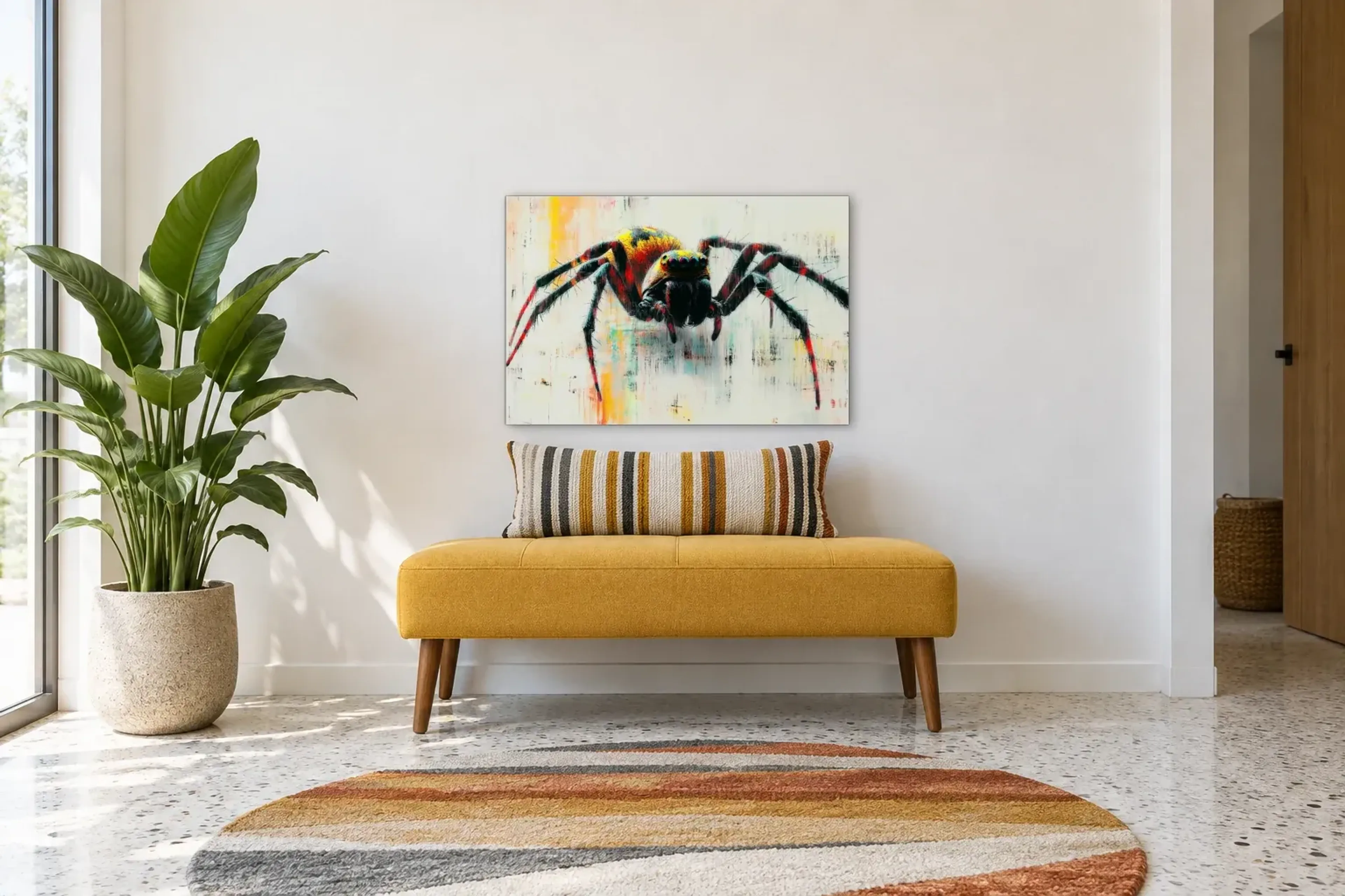 Spinne mit bunten Akzenten als Wandbild über einer 120-cm-Bank