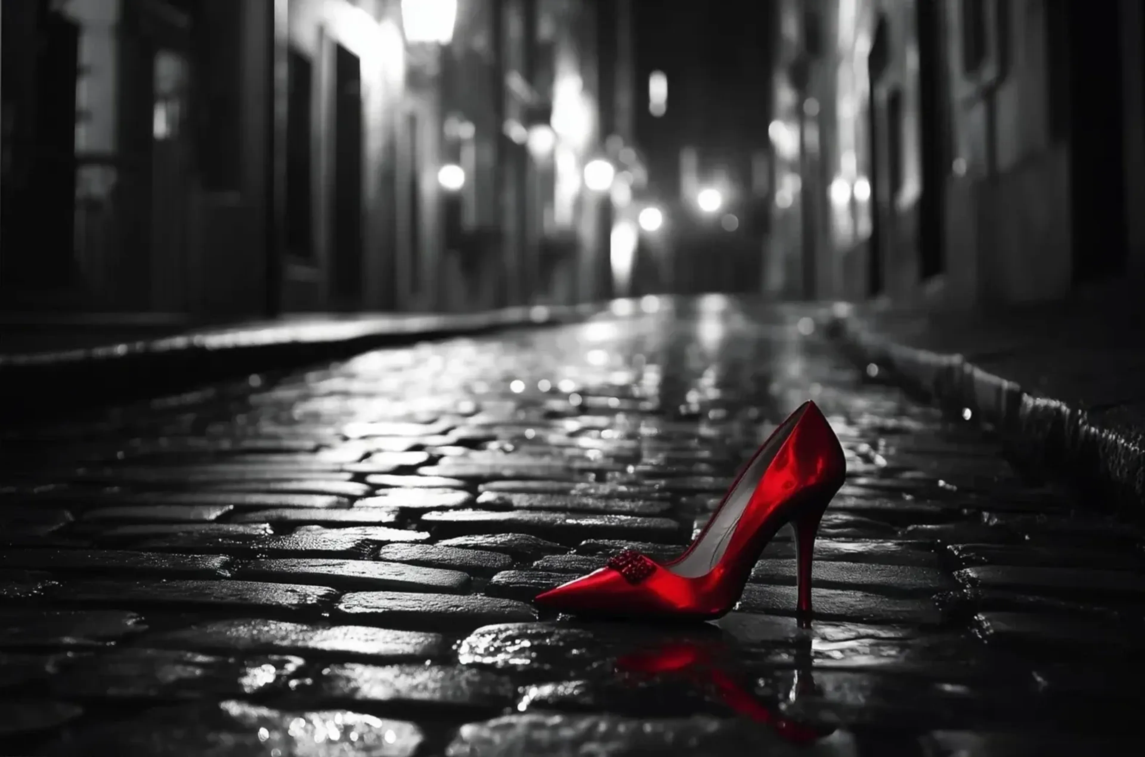 Roter Schuh bei Nacht – Motiv als Wandbild auf Holz