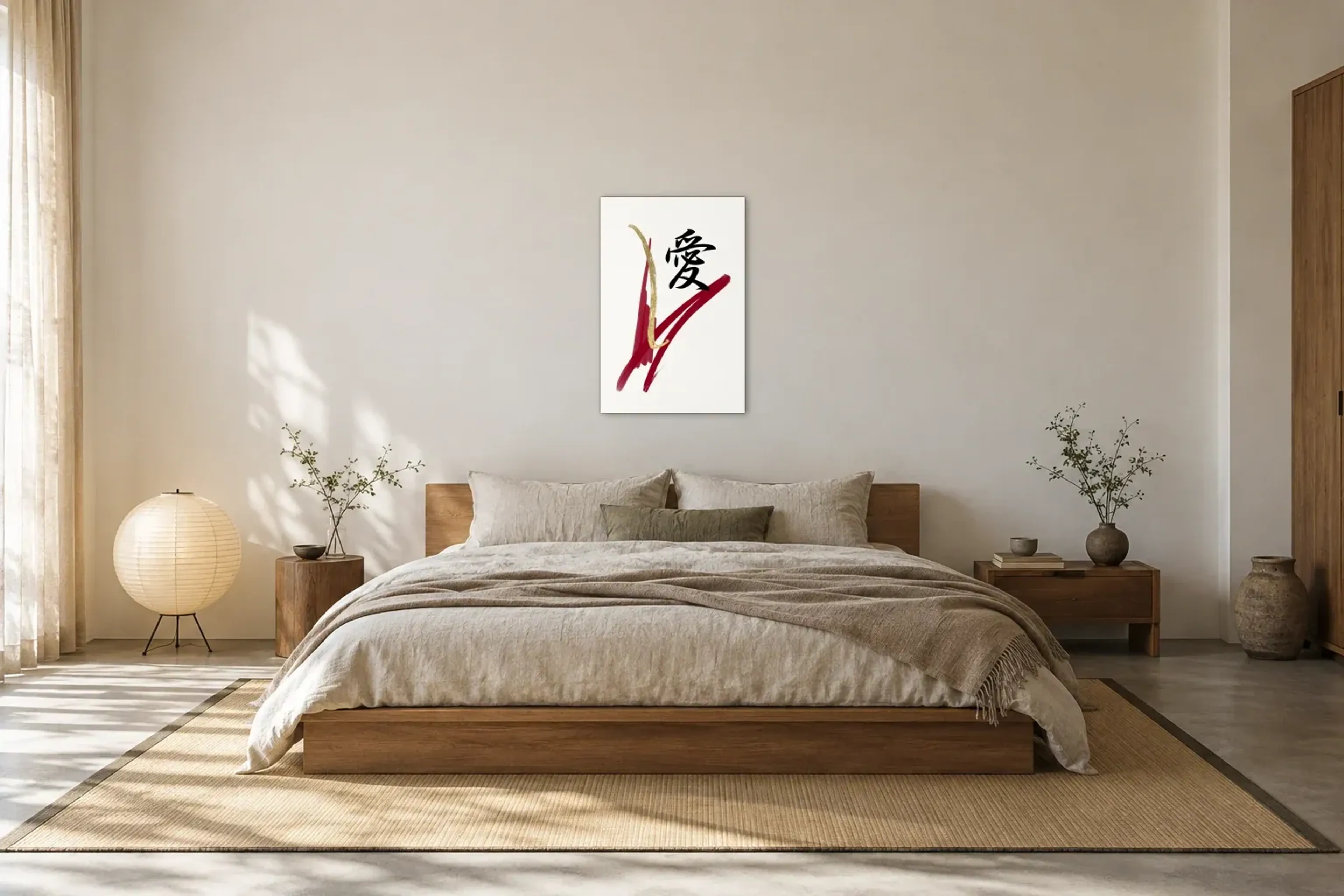 Schriftzeichen und goldener Schwung als Wandbild über einem 180-cm-Bett
