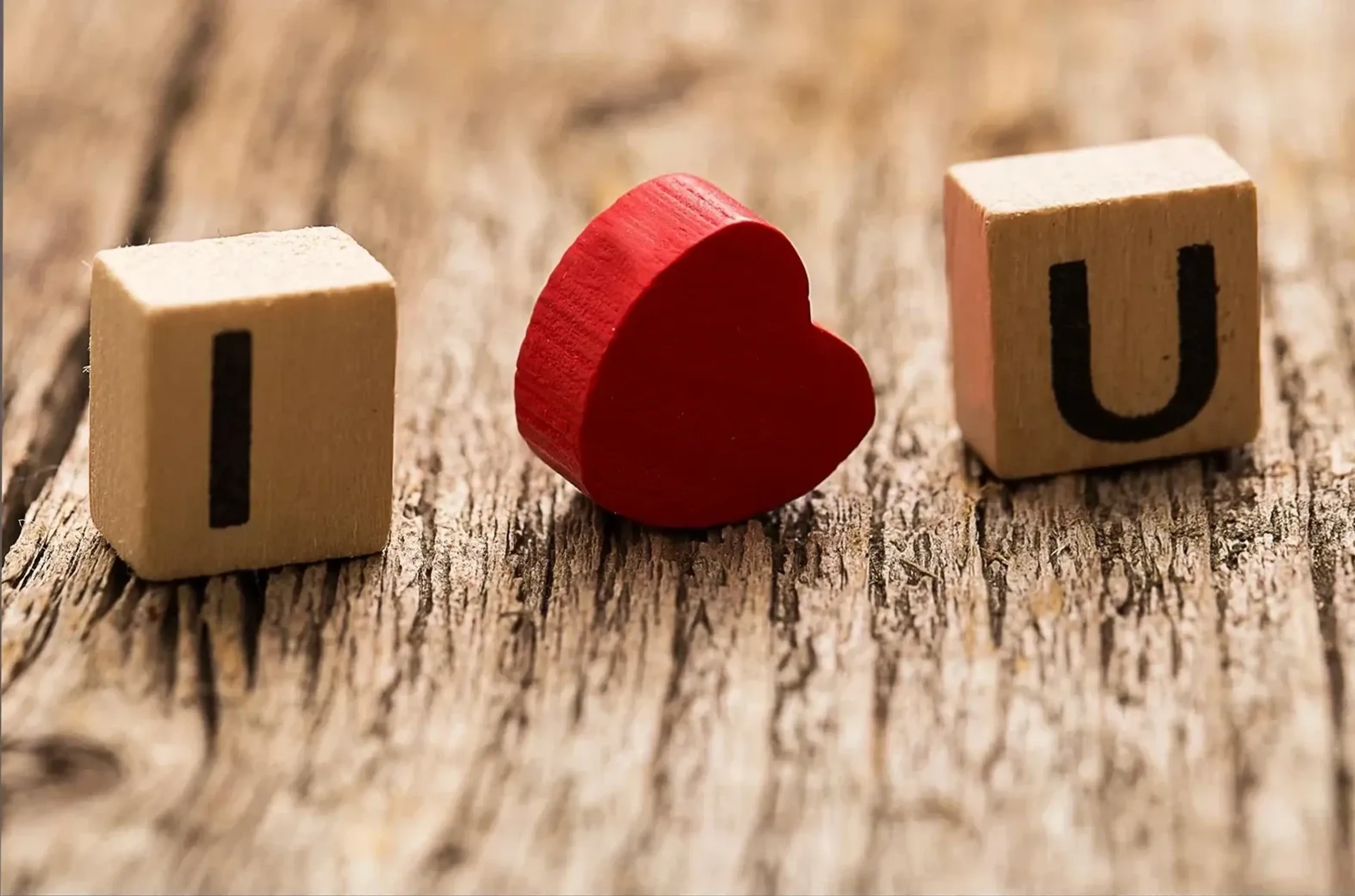 Ein rotes Holzherz steht zwischen Holzwürfeln mit den Buchstaben „I“ und „U“ auf einer rauen Holzfläche.
