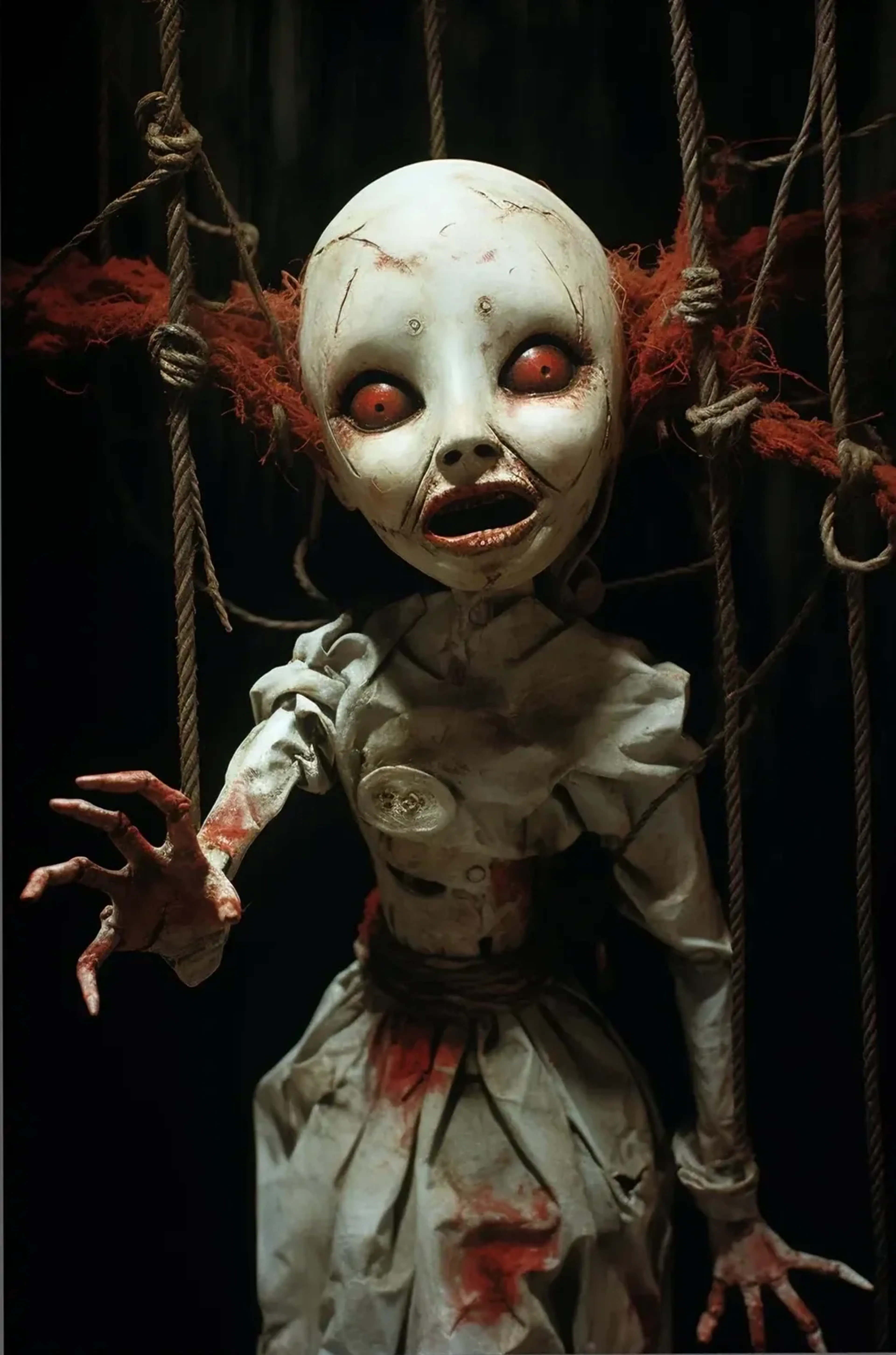 Blasse Marionette mit roten Augen, roten Haaren und fleckigem Kleid zwischen groben Seilen.