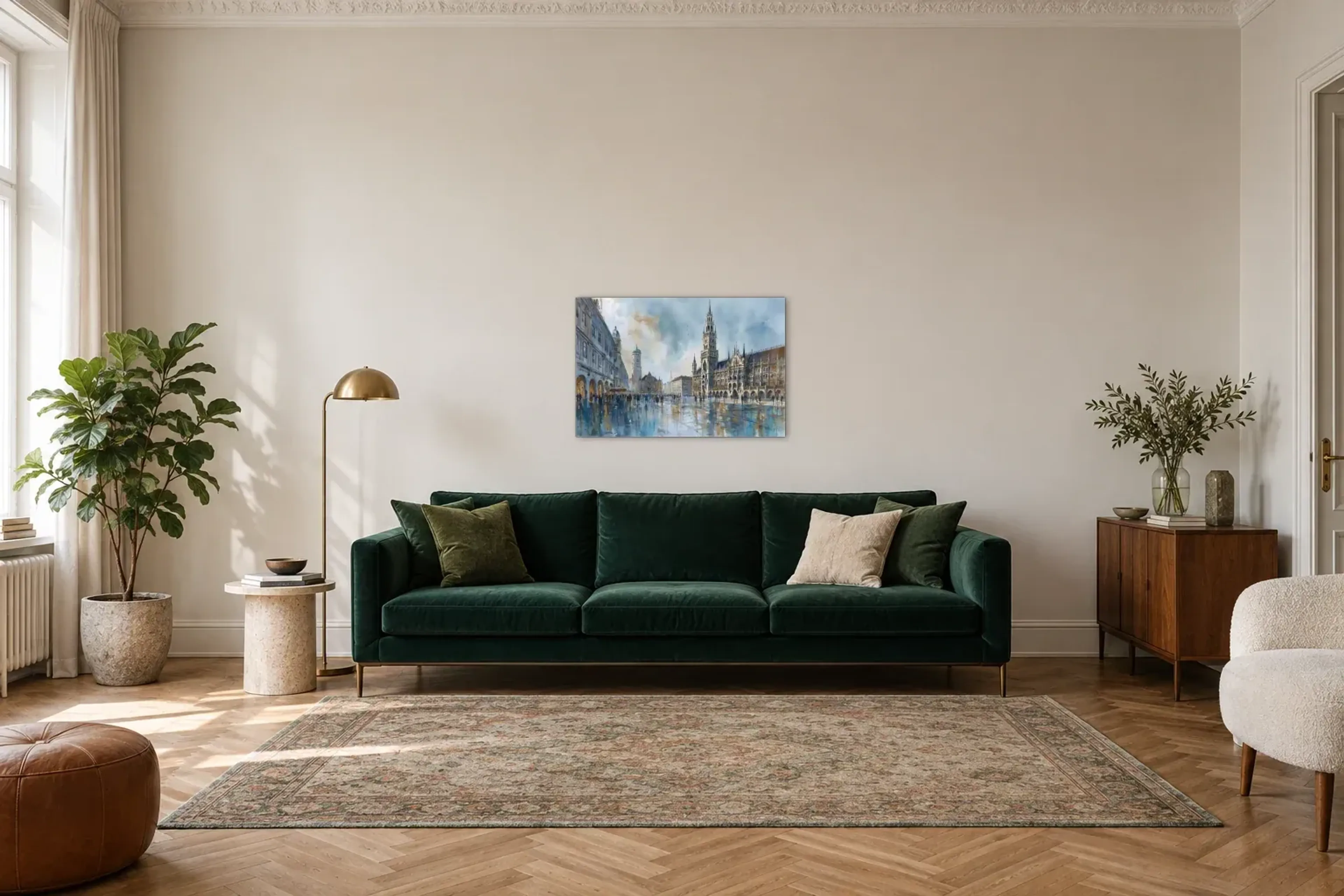 Marienplatz nach dem Regen als Wandbild über einem 220-cm-Sofa