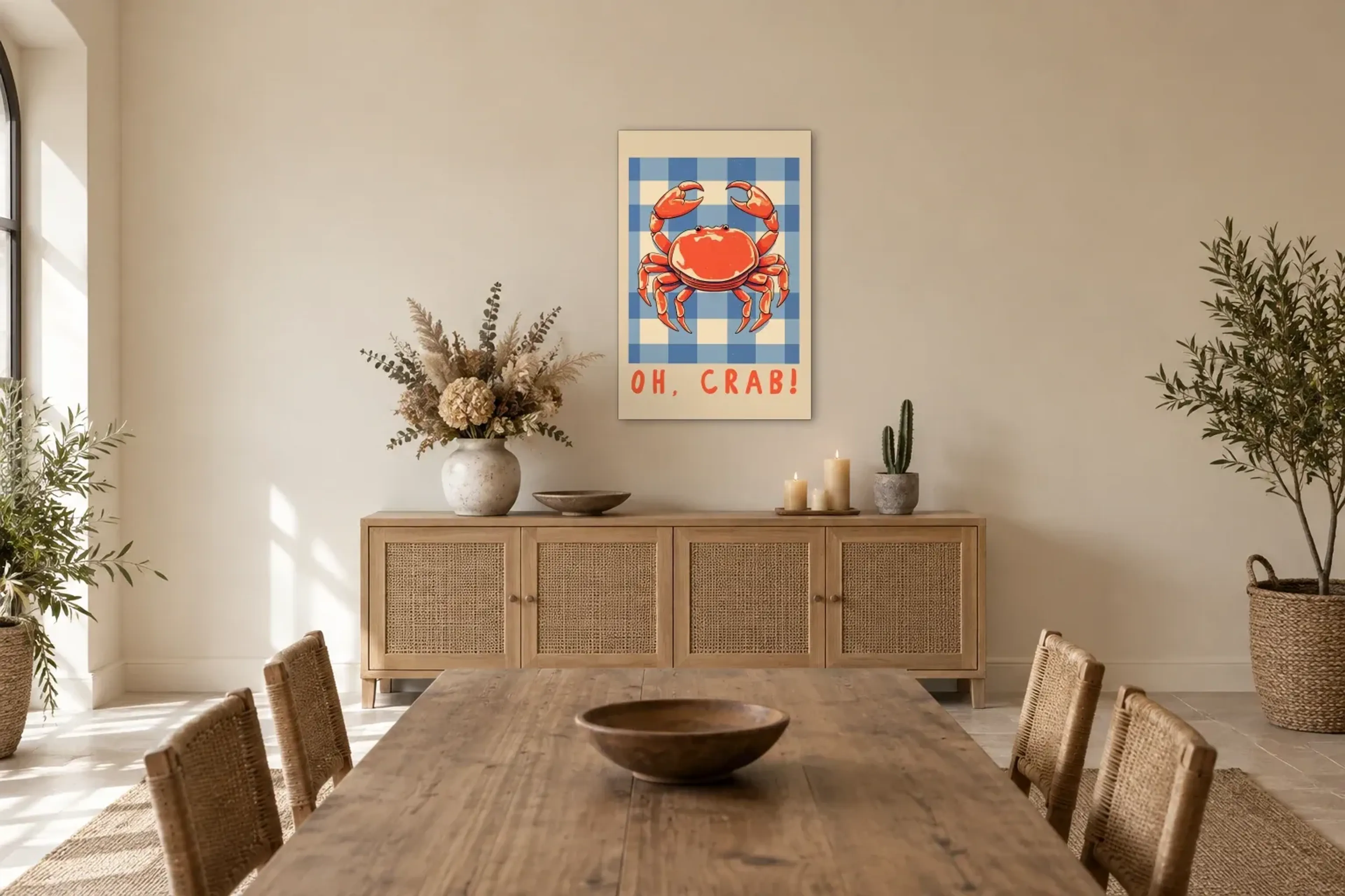 Krabbe auf Karos als Wandbild über einem 160-cm-Sideboard