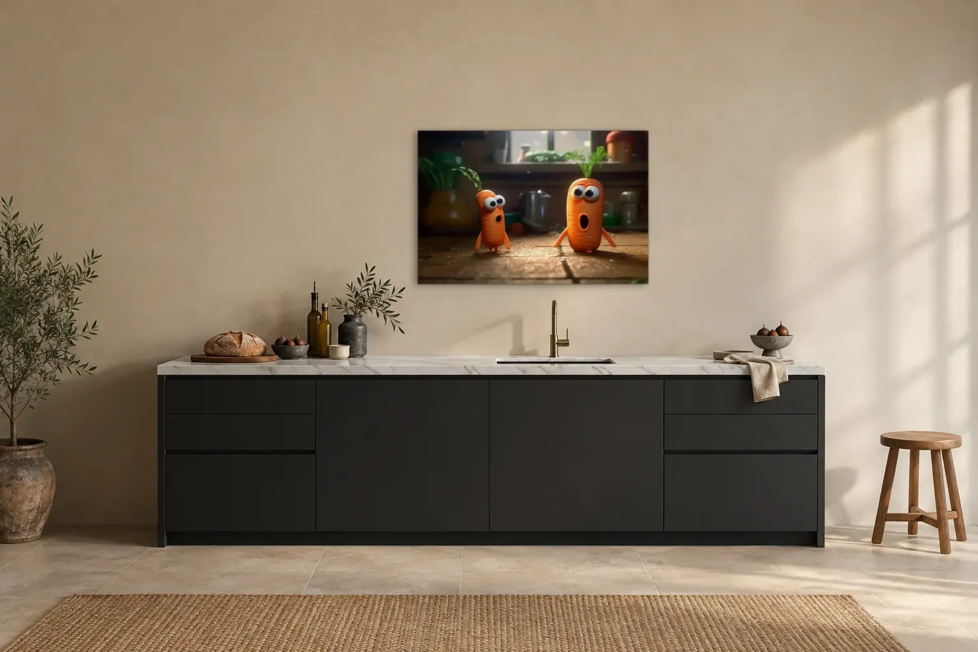 Zwei staunende Karotten als Wandbild über einer 200-cm-Arbeitsplatte