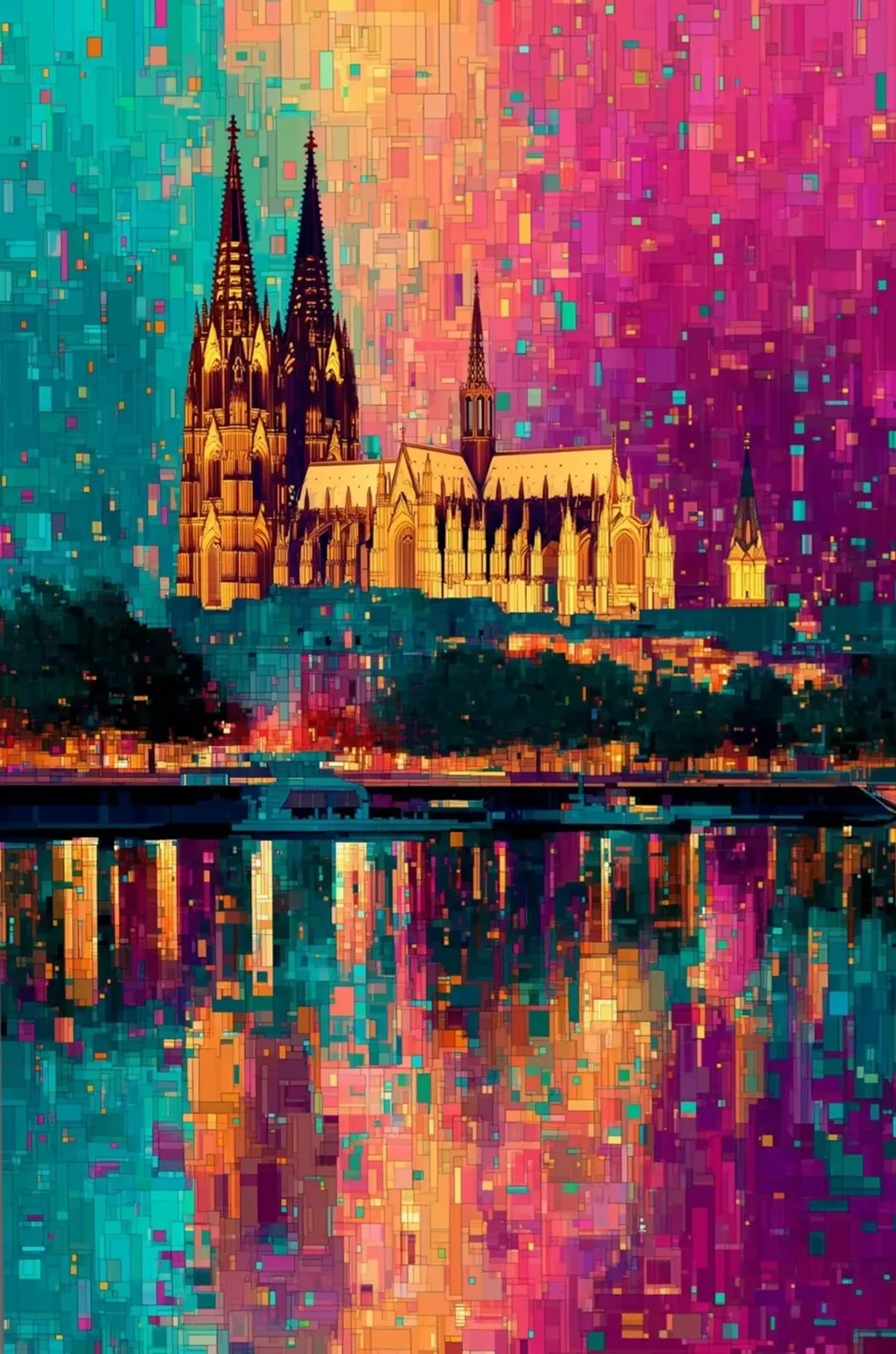 Goldgelber Kölner Dom vor türkis-pinkem Hintergrund mit rechteckigen Farbflächen und bunten Wasserspiegelungen.