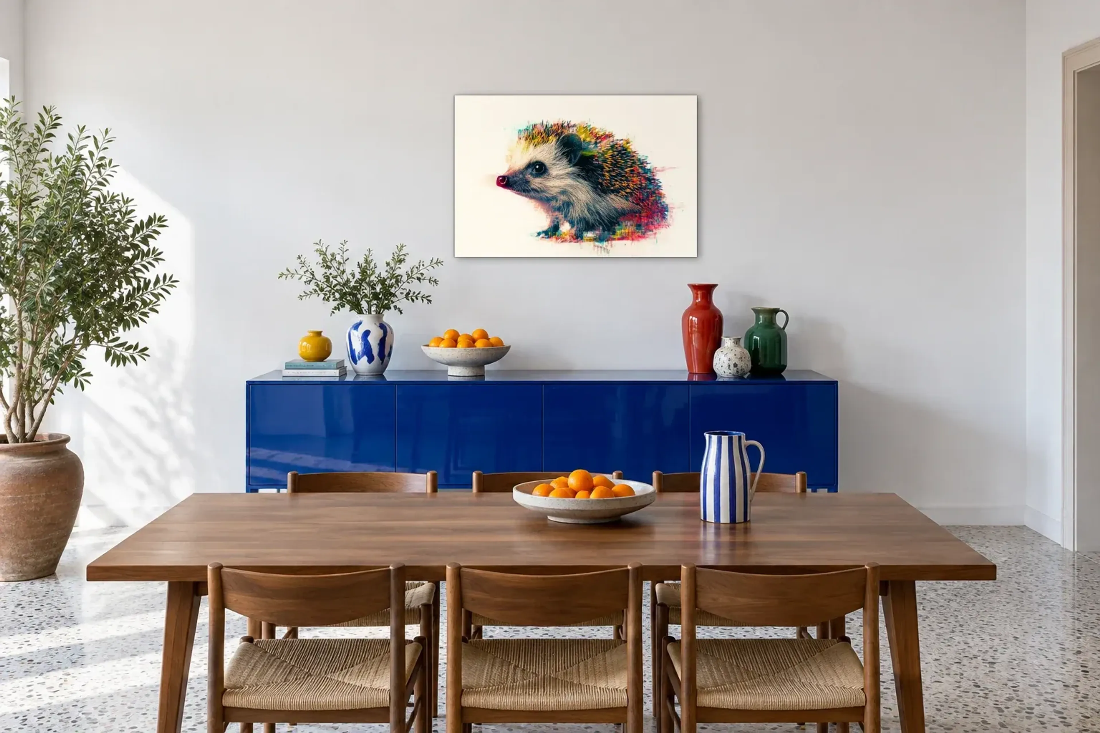 Igel mit bunten Stacheln als Wandbild über einem 180-cm-Sideboard
