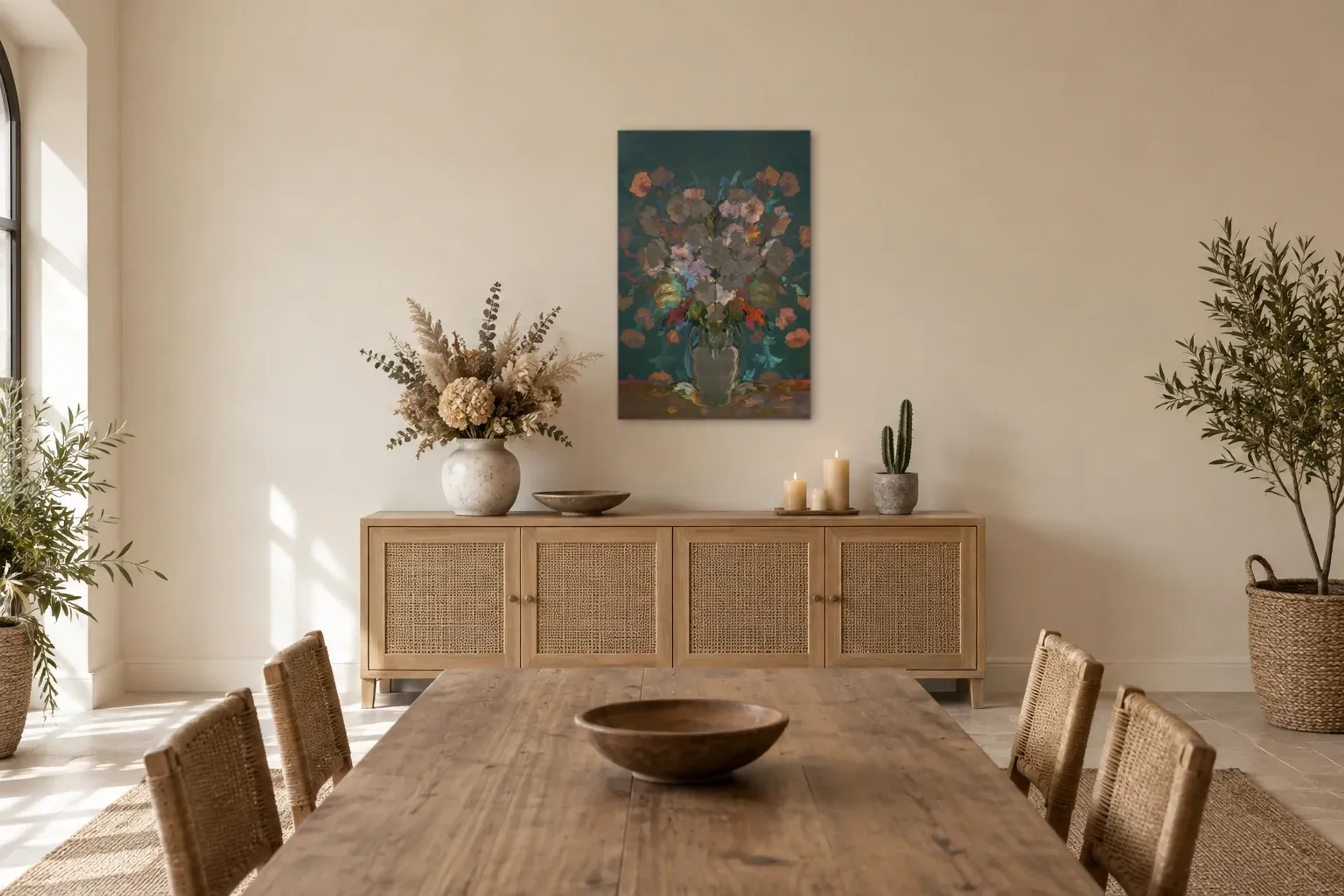 Blumen im Dämmerlicht als Wandbild über einem 160-cm-Sideboard