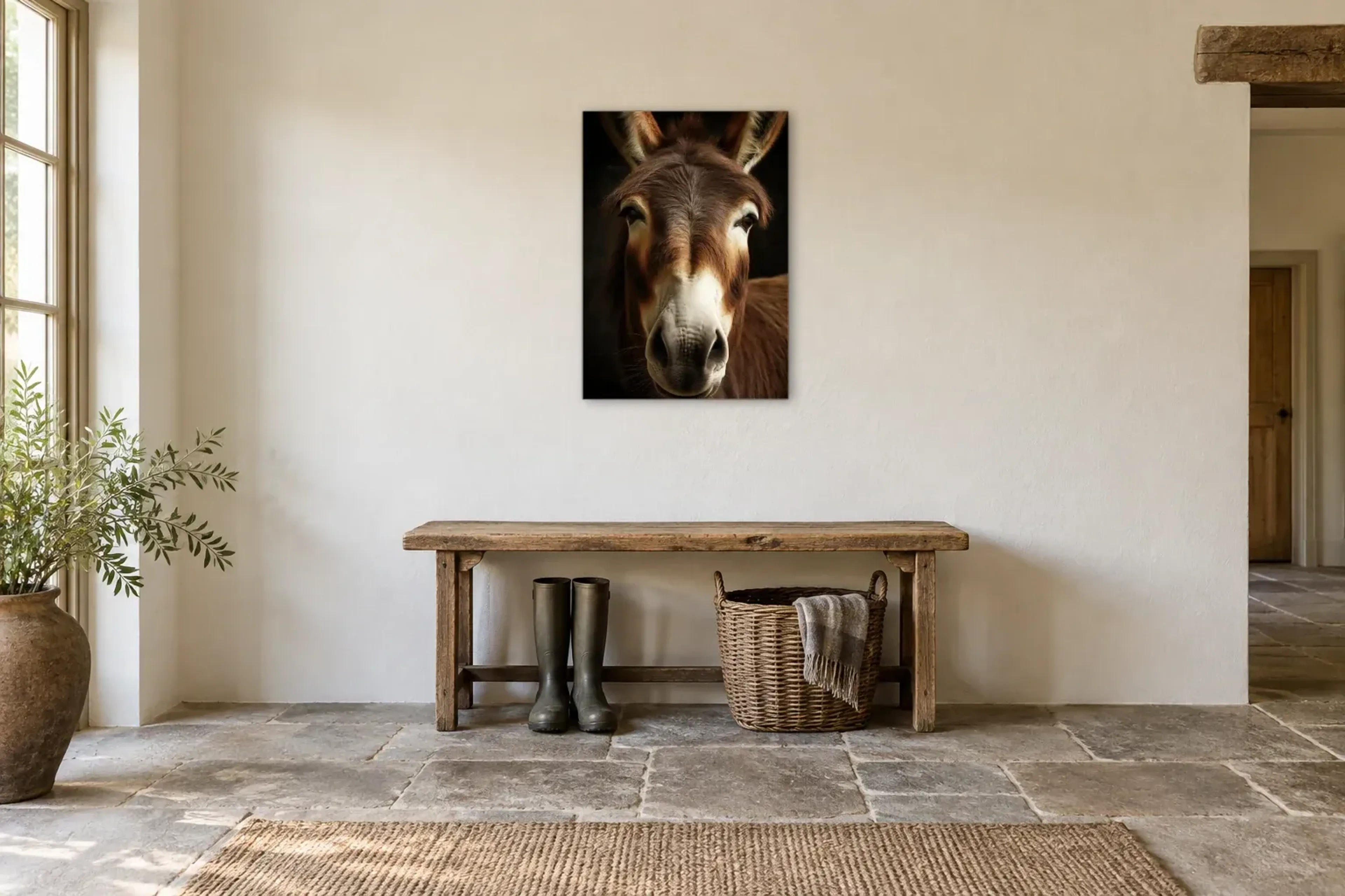 Portrait Esel als Wandbild über einer 120-cm-Bank